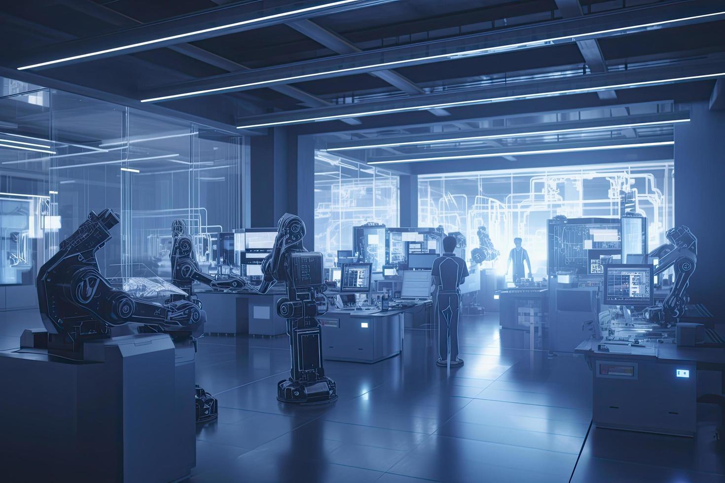 Computer aided manufacturing M2M automation technology industry 4.0 engineering, 3D robot teamwork working meeting in factory futuristic metaverse cyber digital world photo