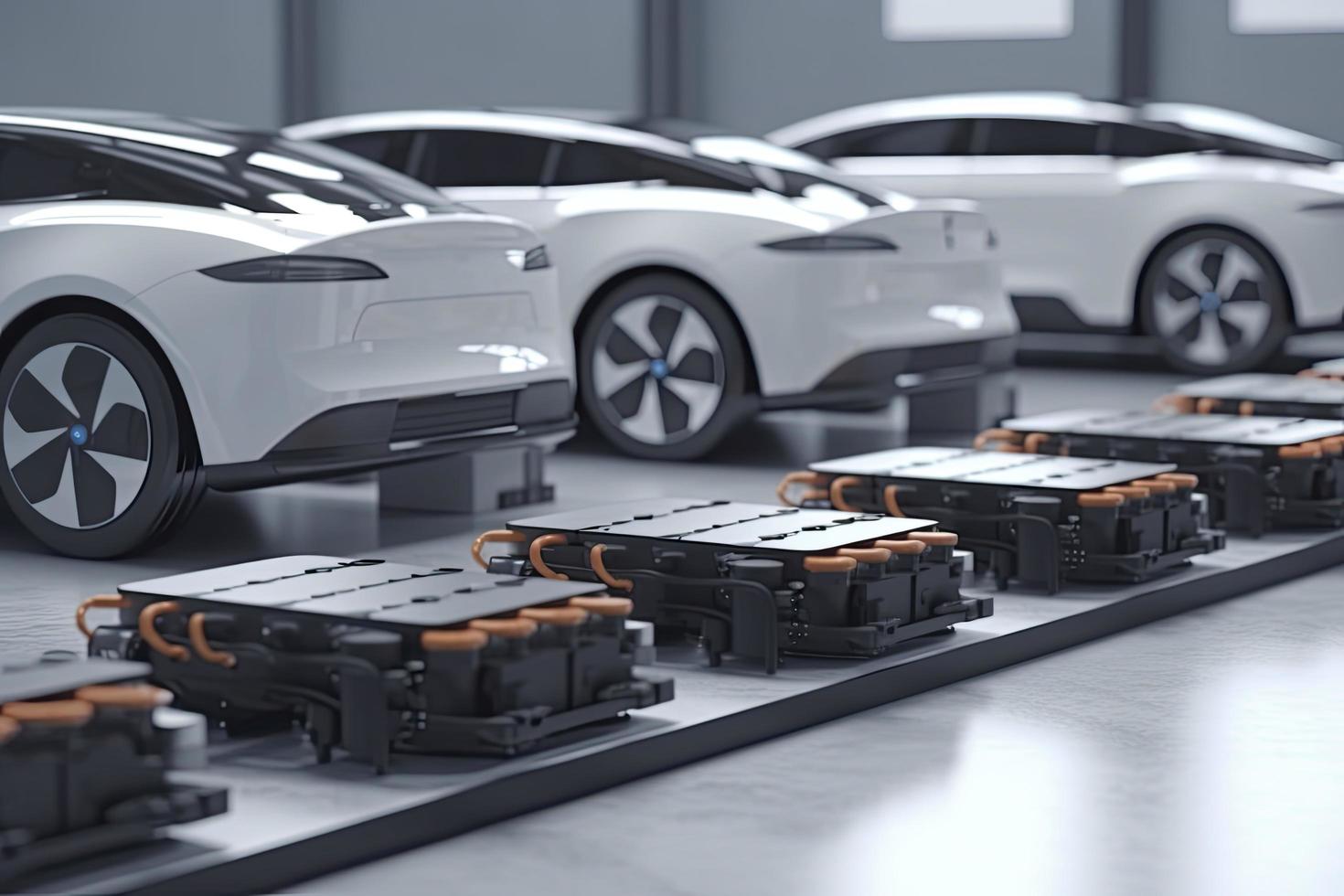 electric cars with pack of battery cells module on platform in a row photo