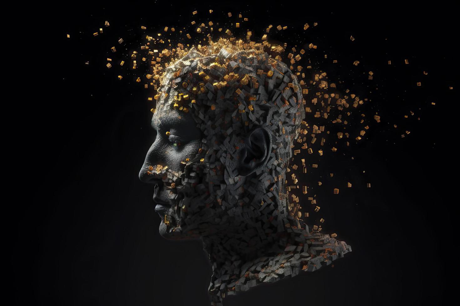 3D dissolving human head made with cube shaped particles photo