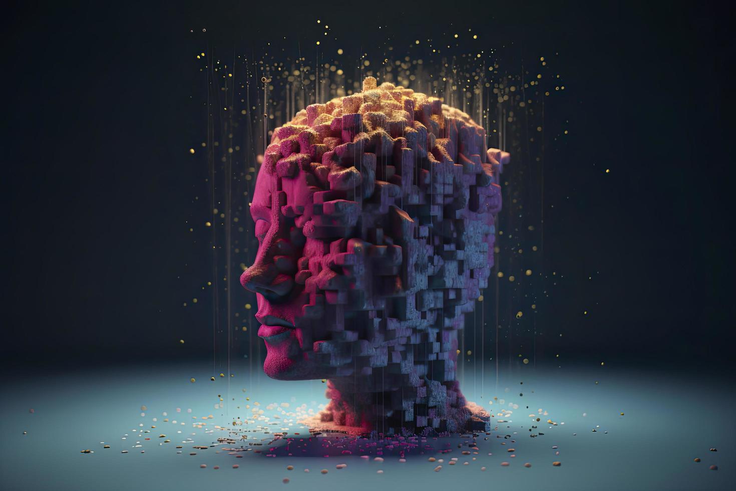3D dissolving human head made with cube shaped particles photo