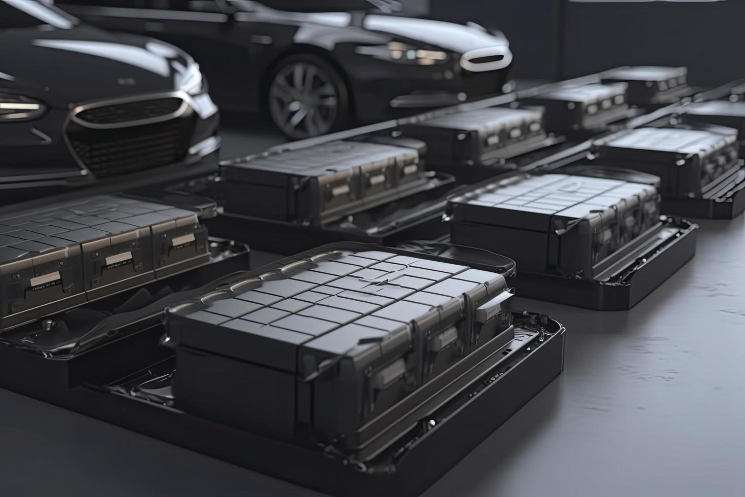 electric cars with pack of battery cells module on platform in a row photo