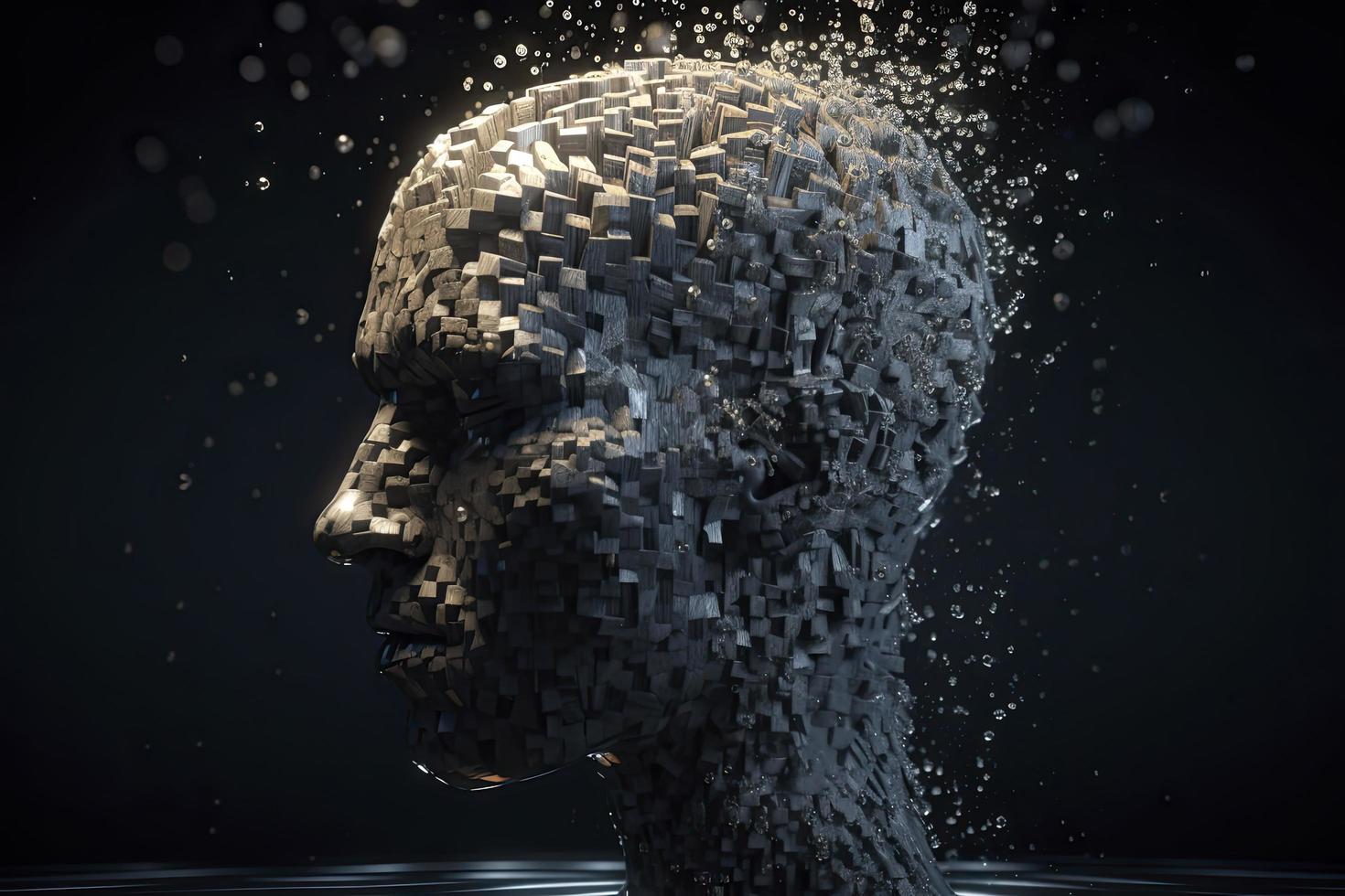 3D dissolving human head made with cube shaped particles photo