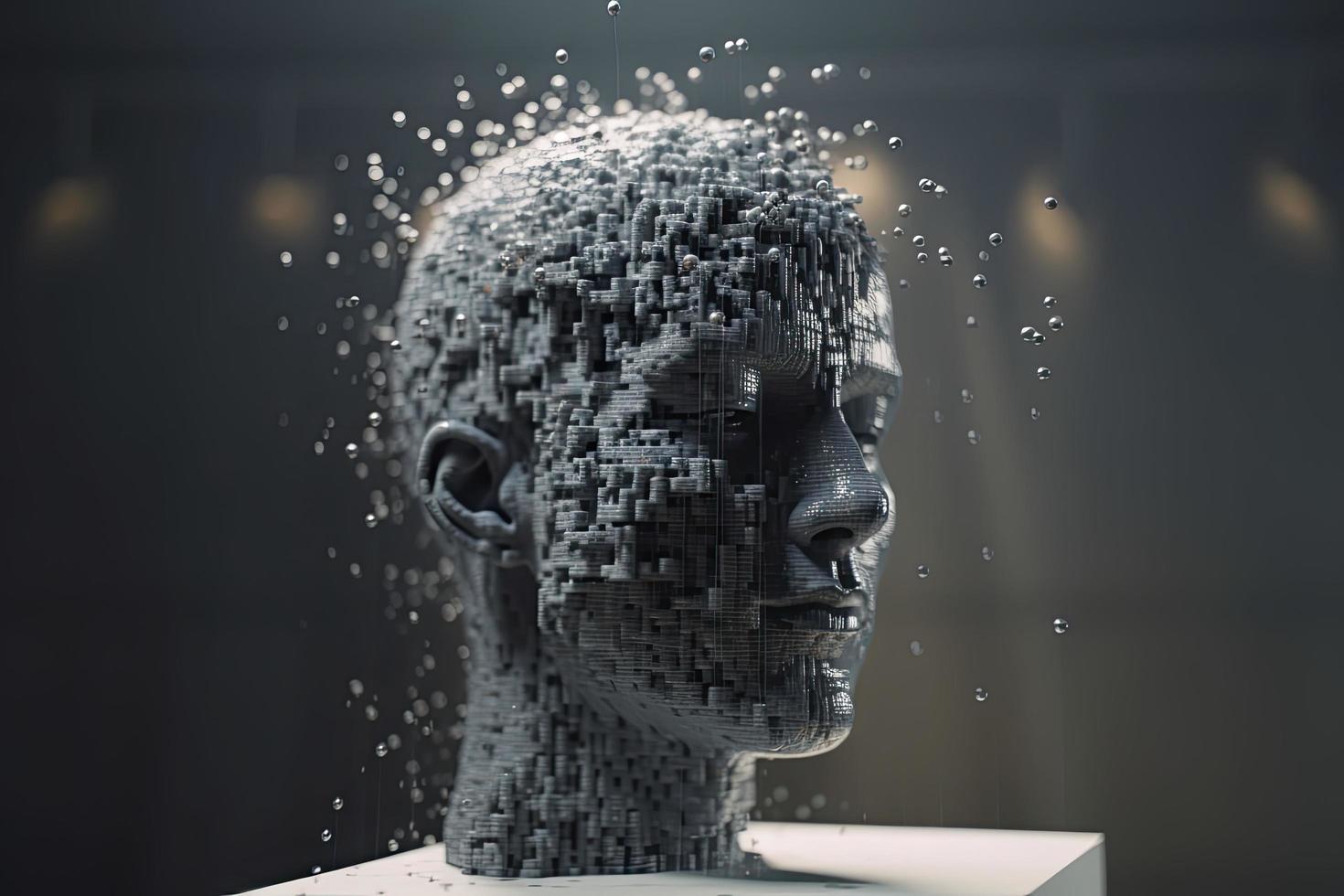 3D dissolving human head made with cube shaped particles photo