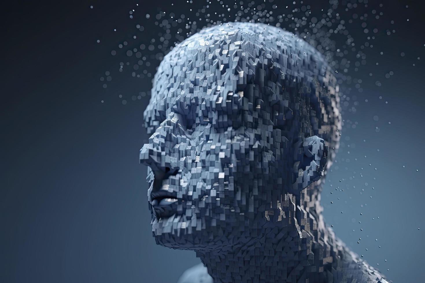 3D dissolving human head made with cube shaped particles photo