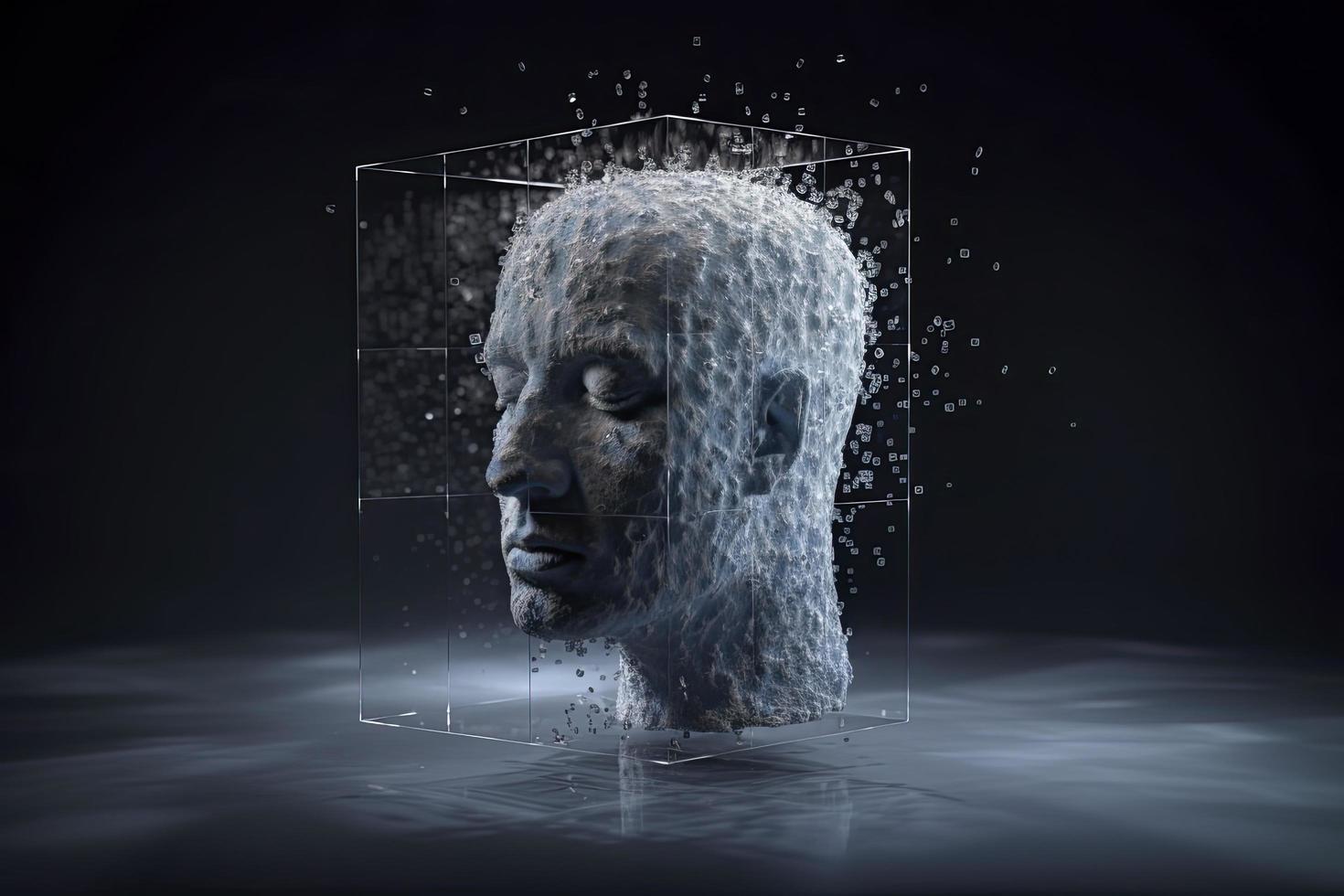 3D dissolving human head made with cube shaped particles photo