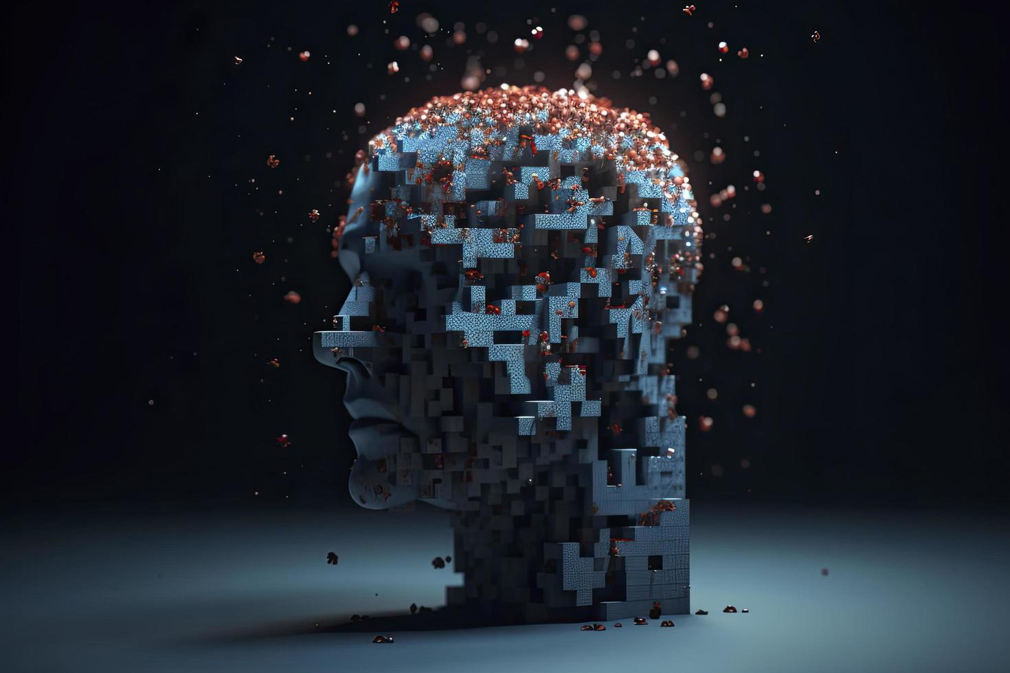 3D dissolving human head made with cube shaped particles photo