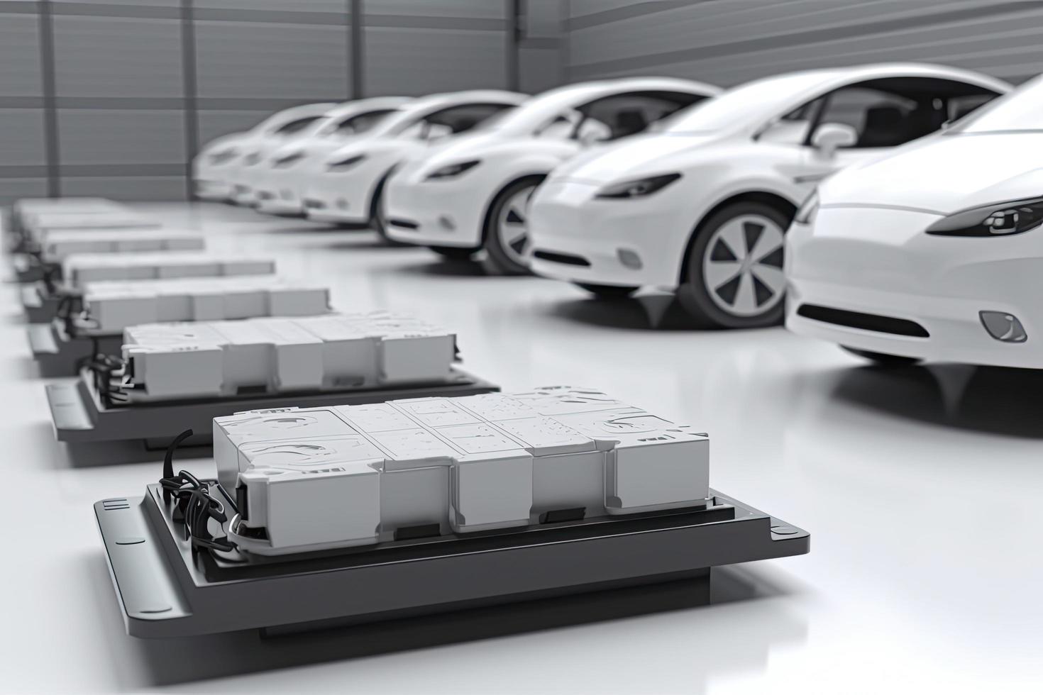 electric cars with pack of battery cells module on platform in a row photo