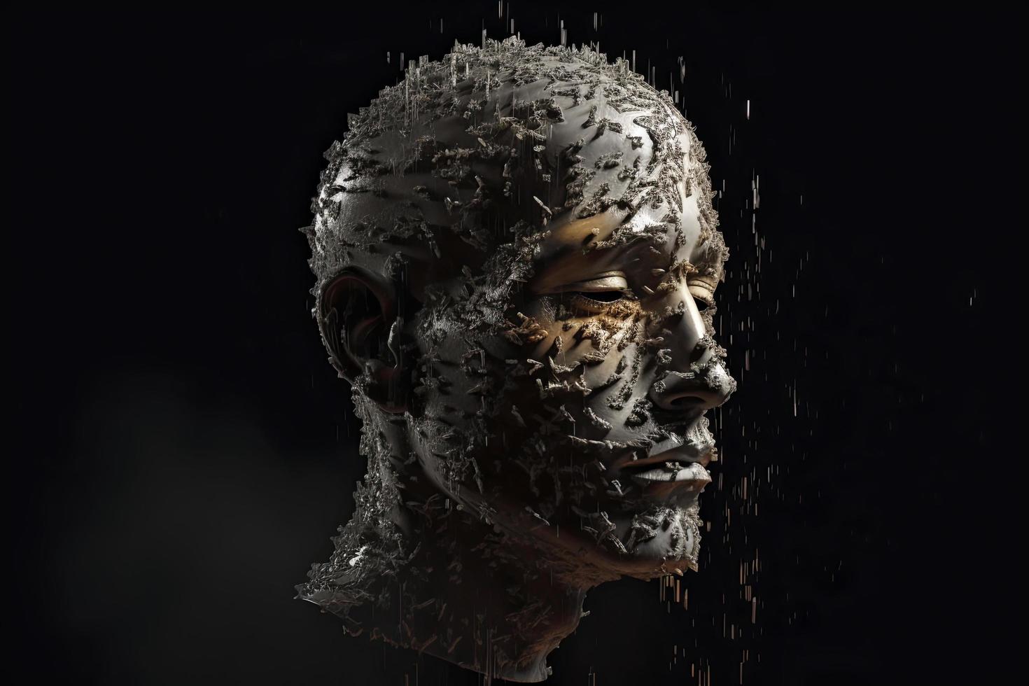 3D dissolving human head made with cube shaped particles photo