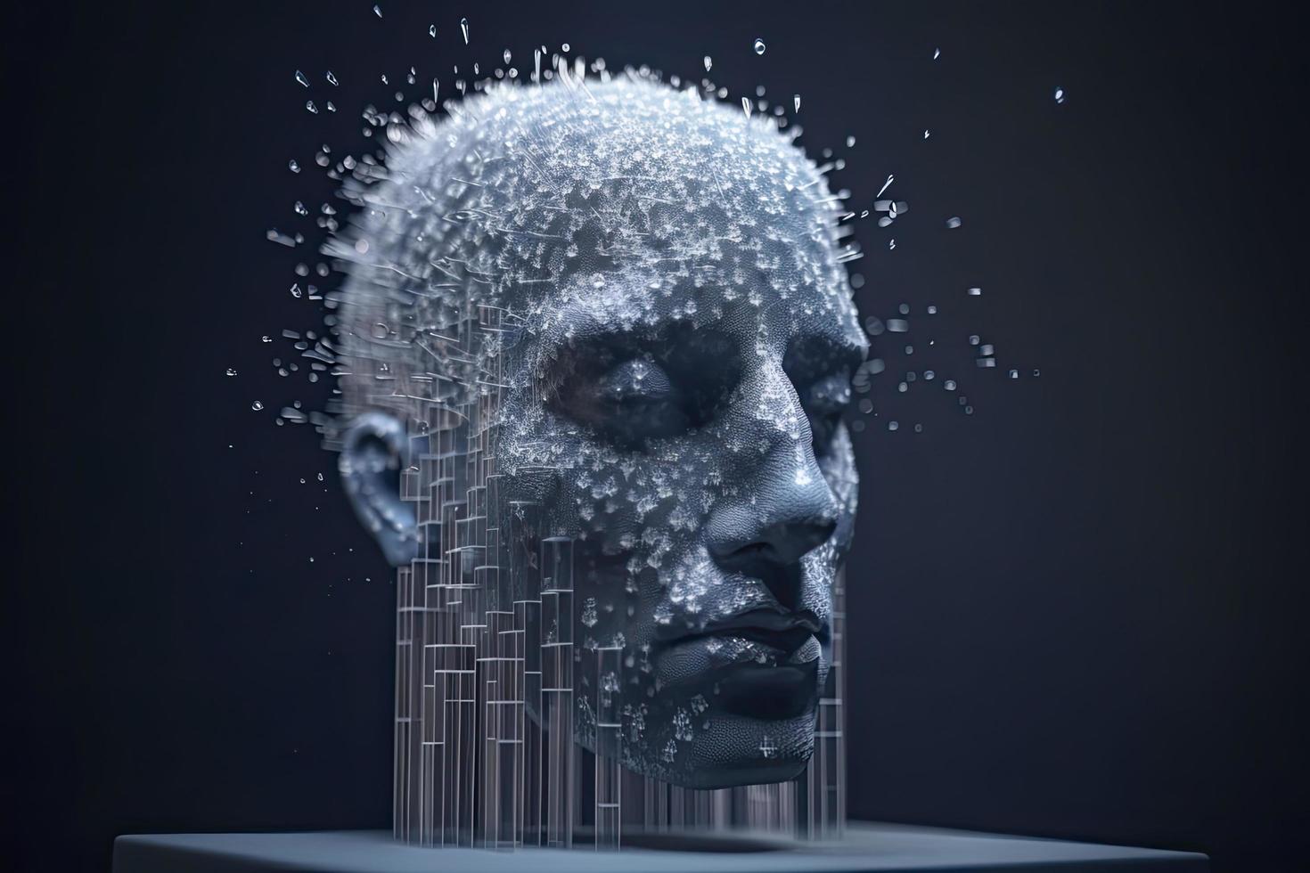 3D dissolving human head made with cube shaped particles photo