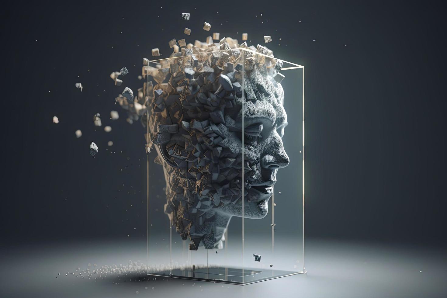 3d disolviendo humano cabeza hecho con cubo conformado partículas foto