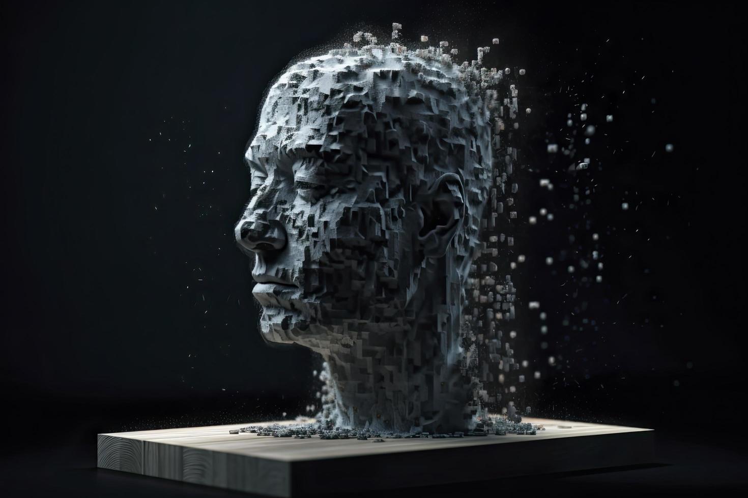 3D dissolving human head made with cube shaped particles photo