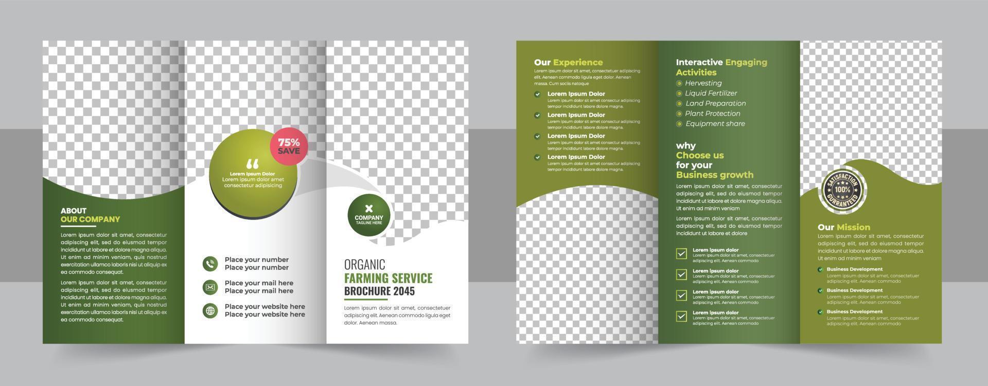 Gardening or Lawn Care Tri Fold Brochure Template, Lawn Mowing Service Brochure Template design or Landscaper Brochure design vector