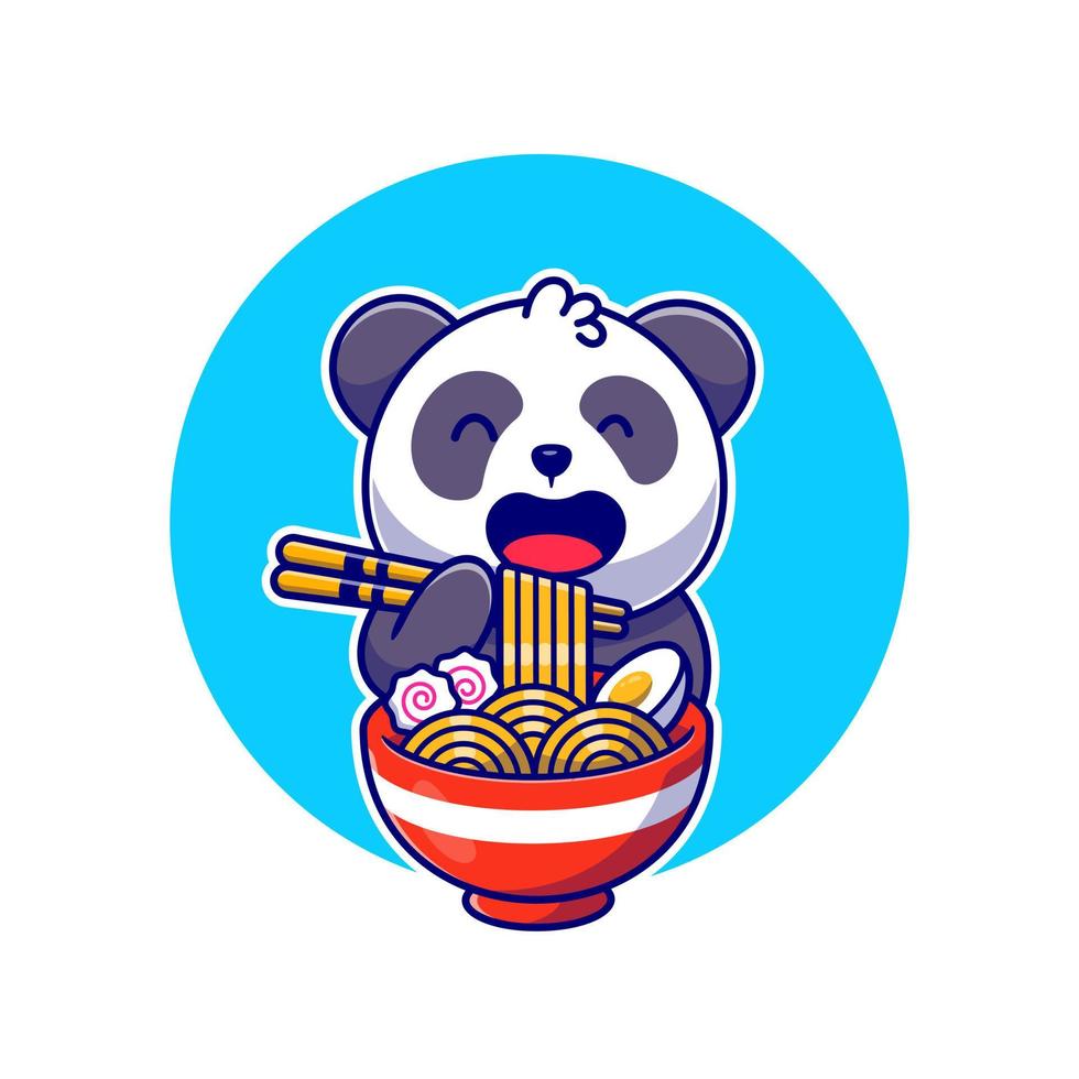 Cute Panda Eating Noodle Ramen With Chopstick Cartoon Vector Icon Illustration. Animal Food Icon Concept Isolated Premium Vector. Flat Cartoon Style