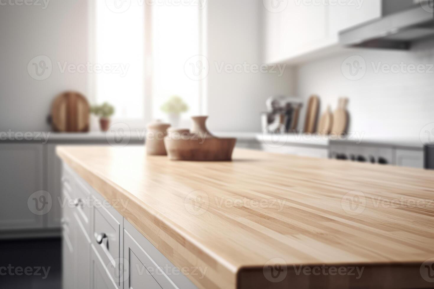 Empty wood table and blurred white kitchen white wall. Wood table top on blur kitchen for product display mockup. photo