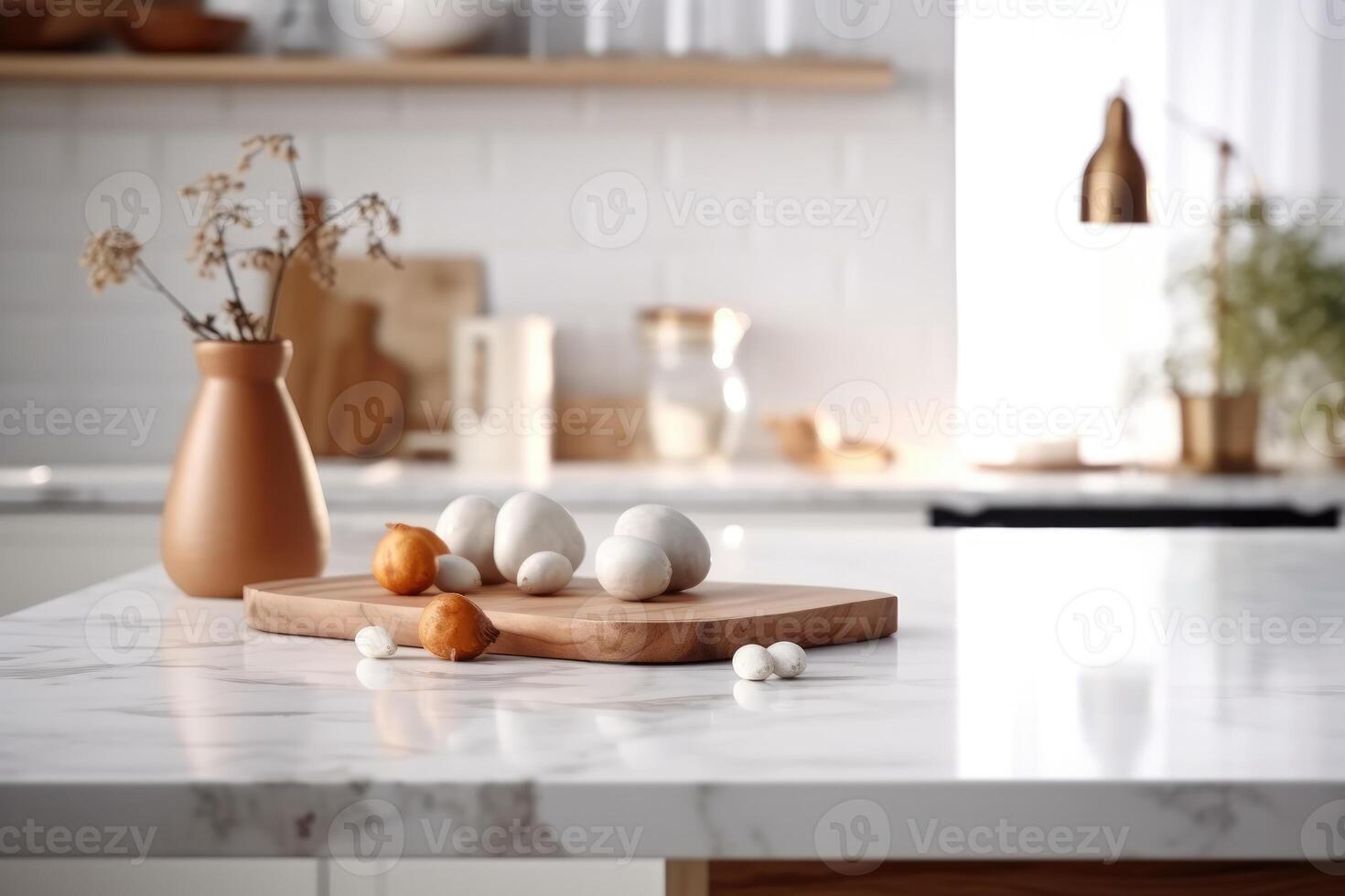 Empty marble table and blurred white kitchen white wall. Wood table top