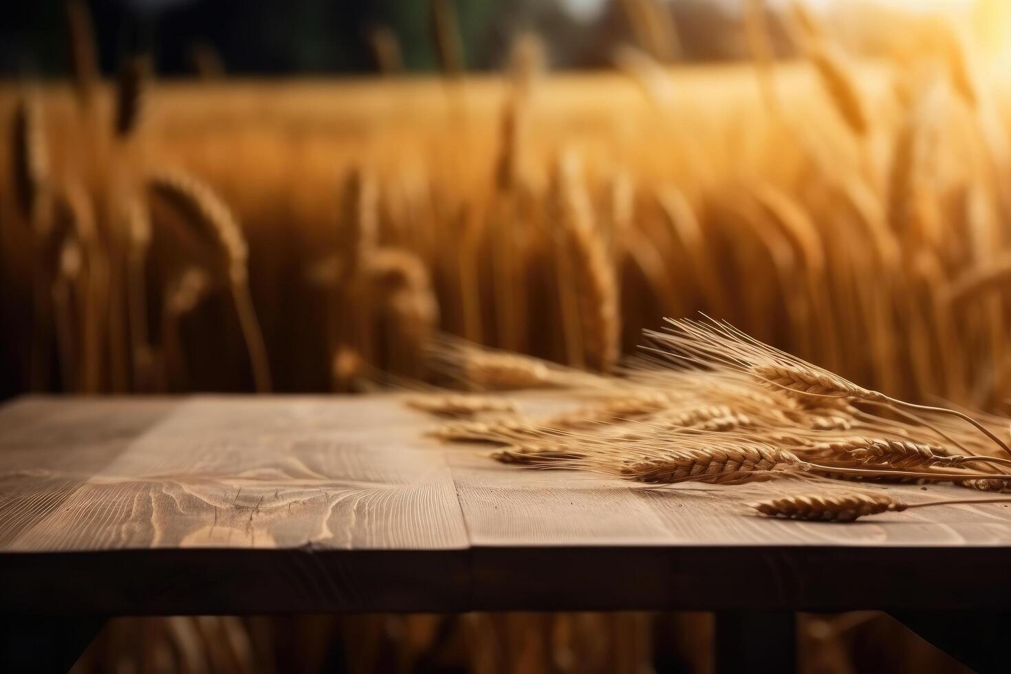 Empty wooden table in front of golden ears of wheat background. photo