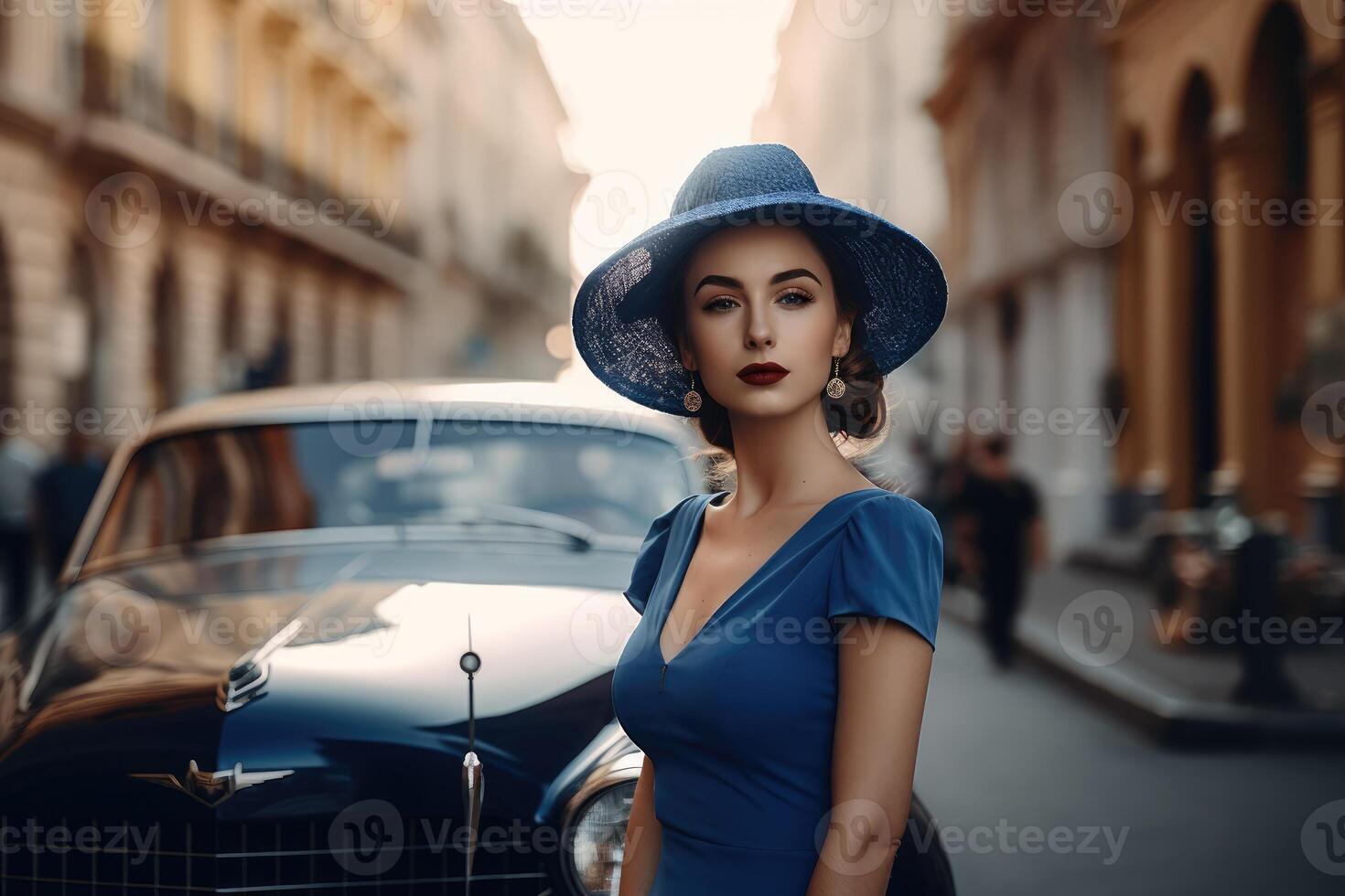 Photo of a woman wearing a blue dress and a hat, with a city street and a vintage car in the background.