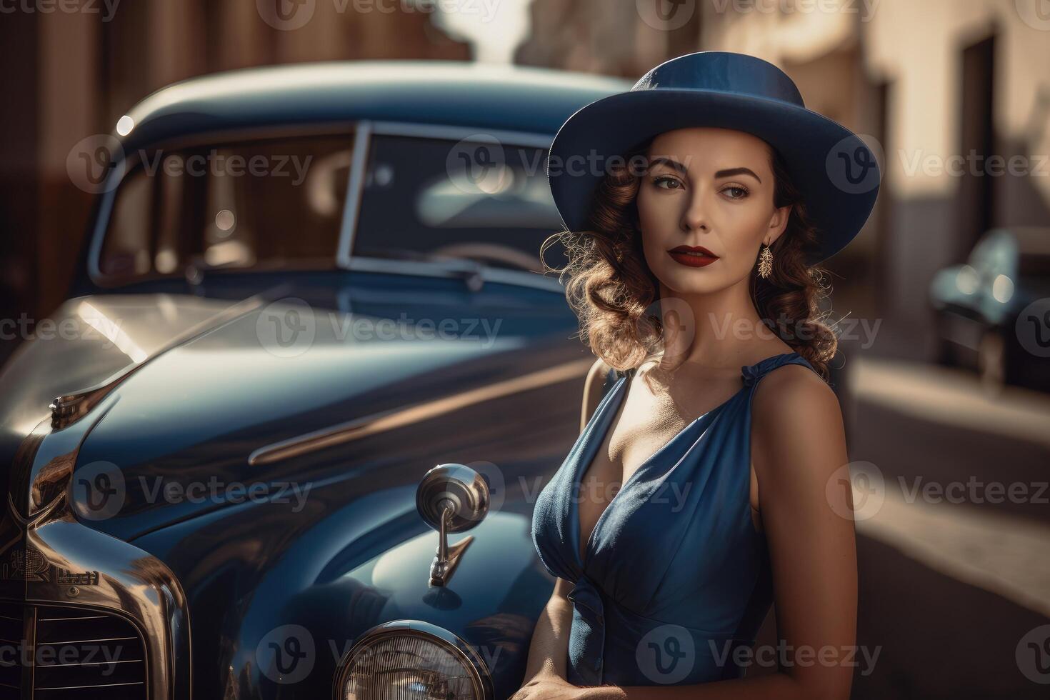 Photo of a woman wearing a blue dress and a hat, with a city street and a vintage car in the background.