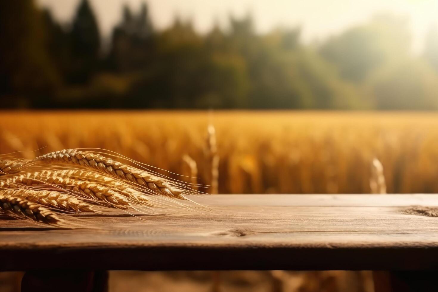 Empty wooden table in front of golden ears of wheat background. photo