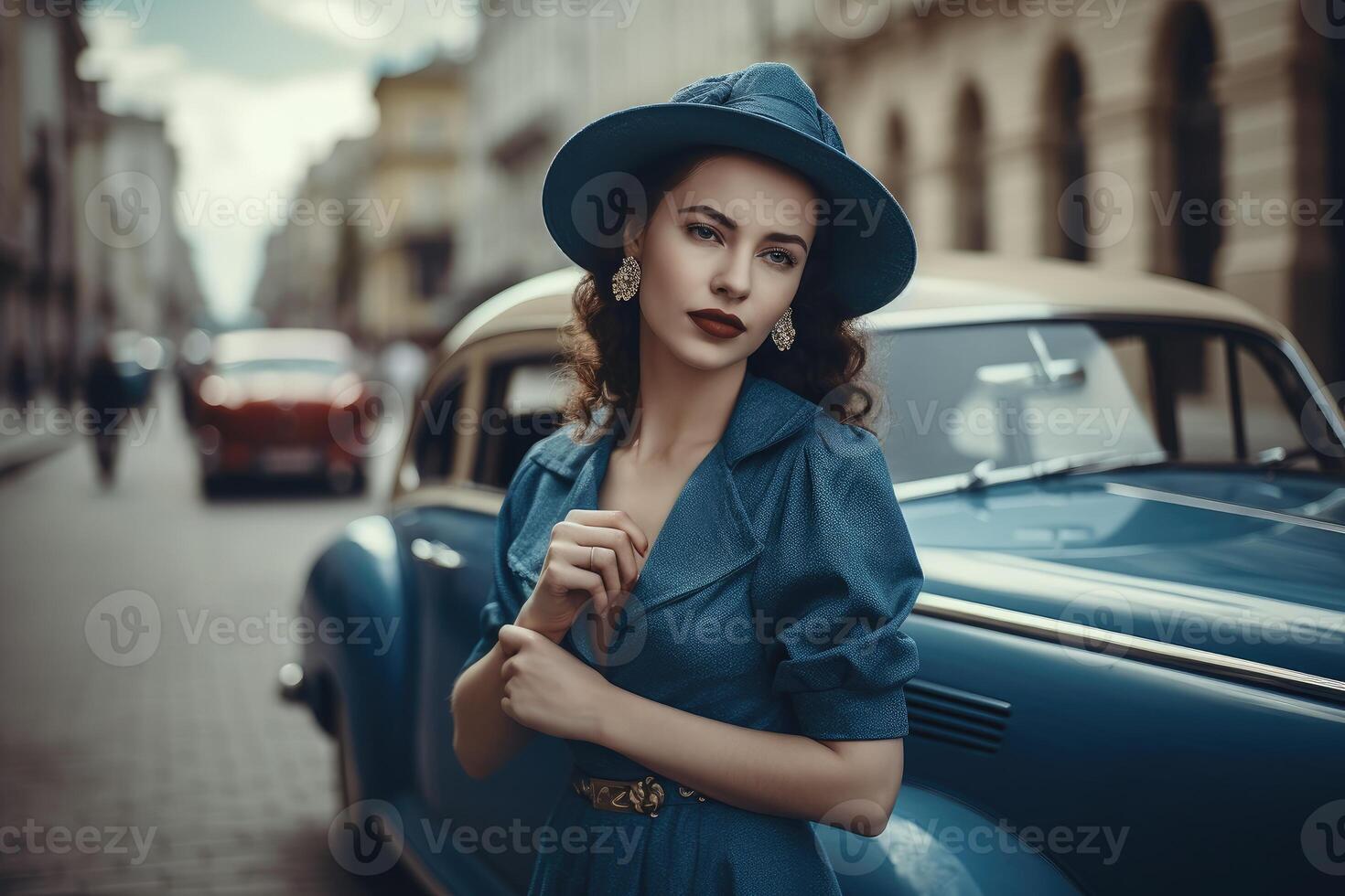 foto de un mujer vistiendo un azul vestir y un sombrero, con un ciudad calle y un Clásico coche en el antecedentes. generativo ai