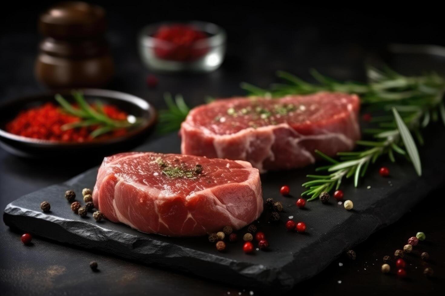 Raw fillet meat on black board with pepper seasoning and green rosemary. photo