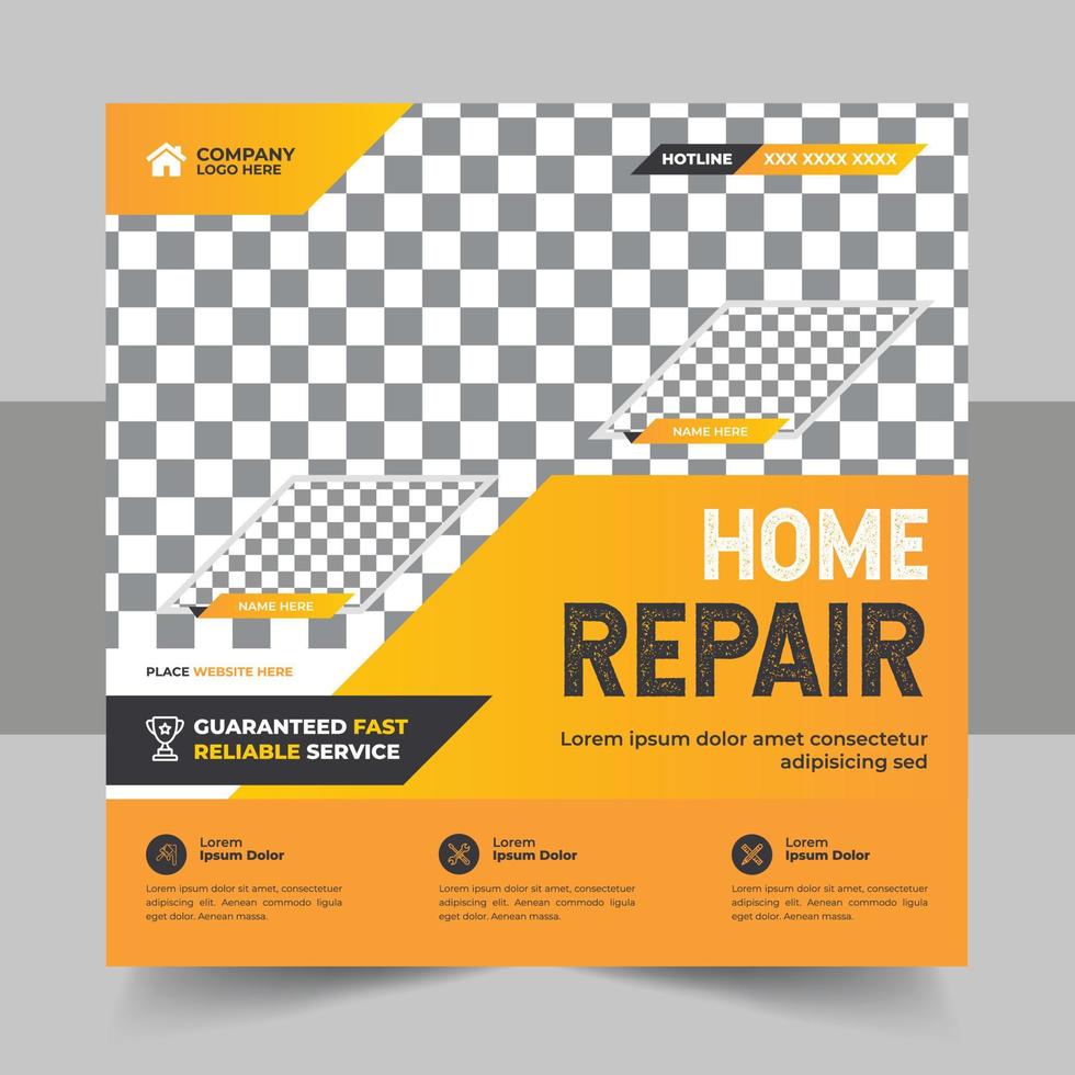 Construction social media post banner design Template with yellow color, Corporate construction tools social media post design, home improvement banner template, home repair social media post vector