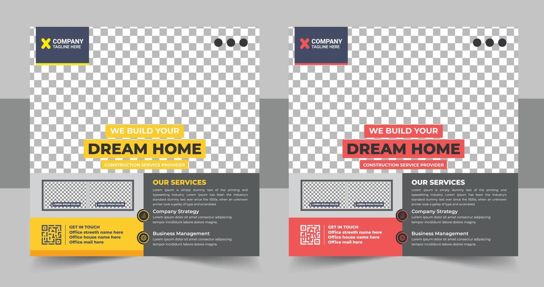 Construction social media post banner design Template with yellow color, Corporate construction tools social media post design, home improvement banner template, home repair social media post design vector