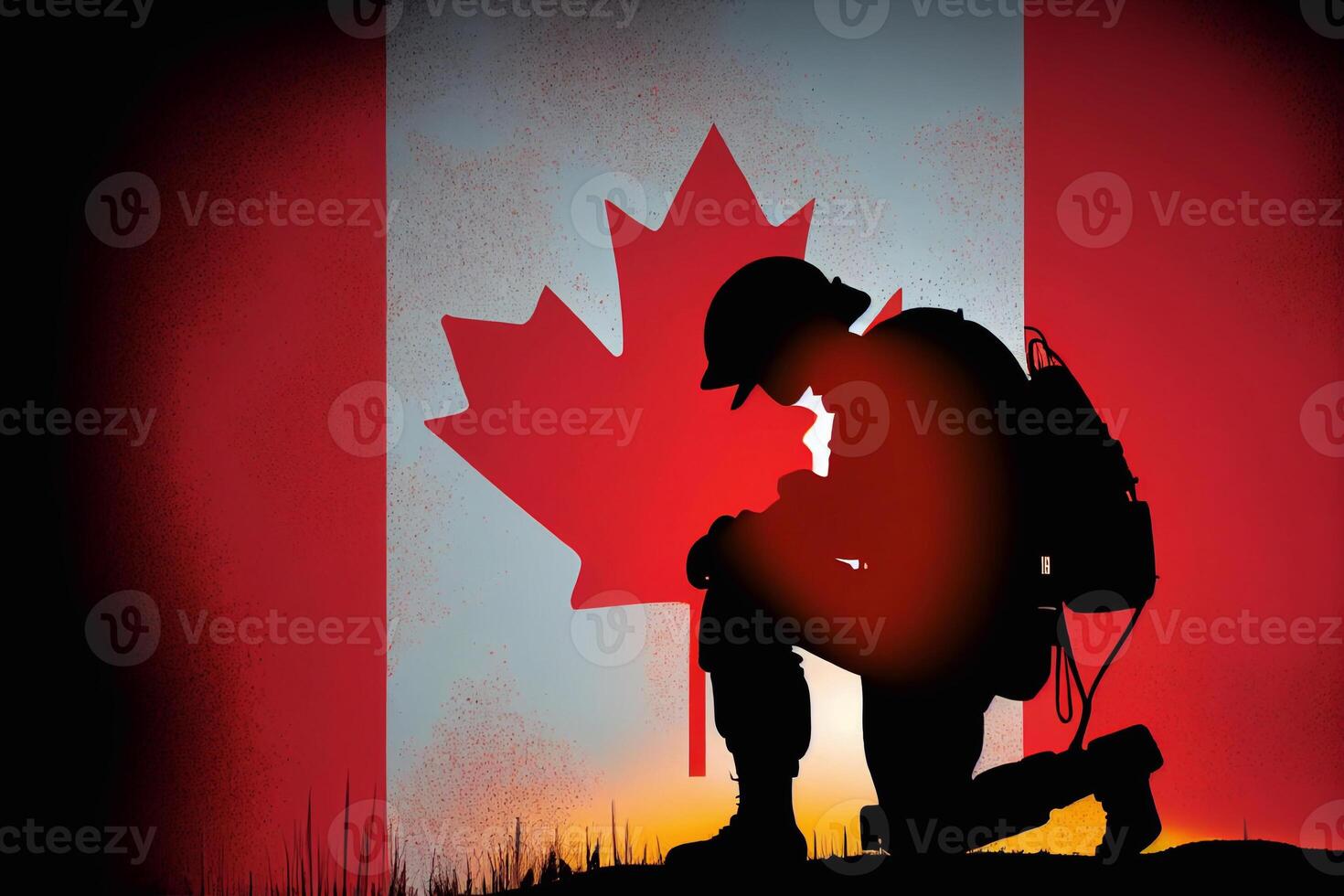 The flag of Canada and the silhouette of a soldier. photo