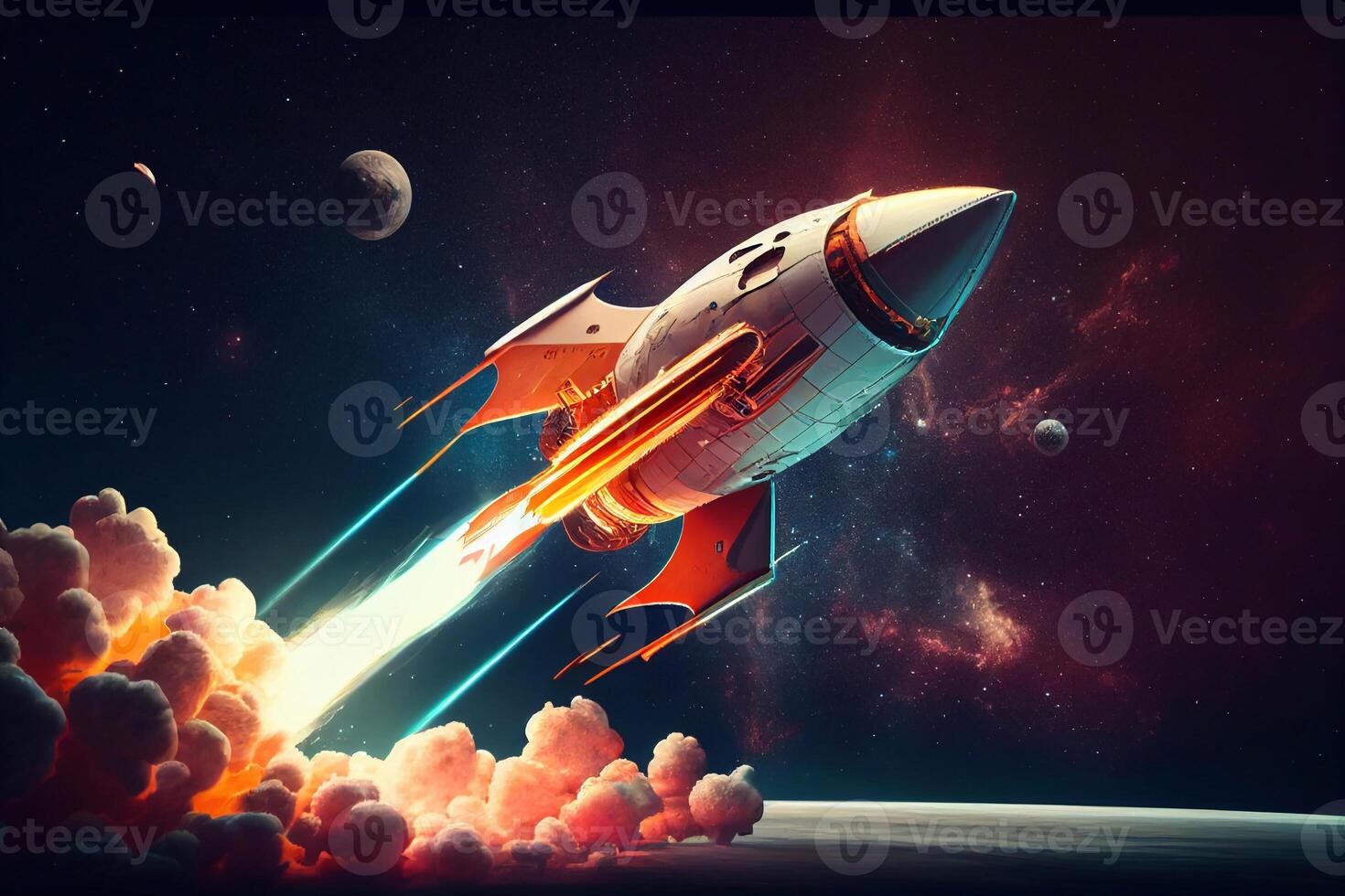 Rocket spaceship launch to stars into the blue sky space. Fire flame and smoke path. Start now quote. Business start up concept. Red white rocket shuttle launch, spaceship flight illustration. photo