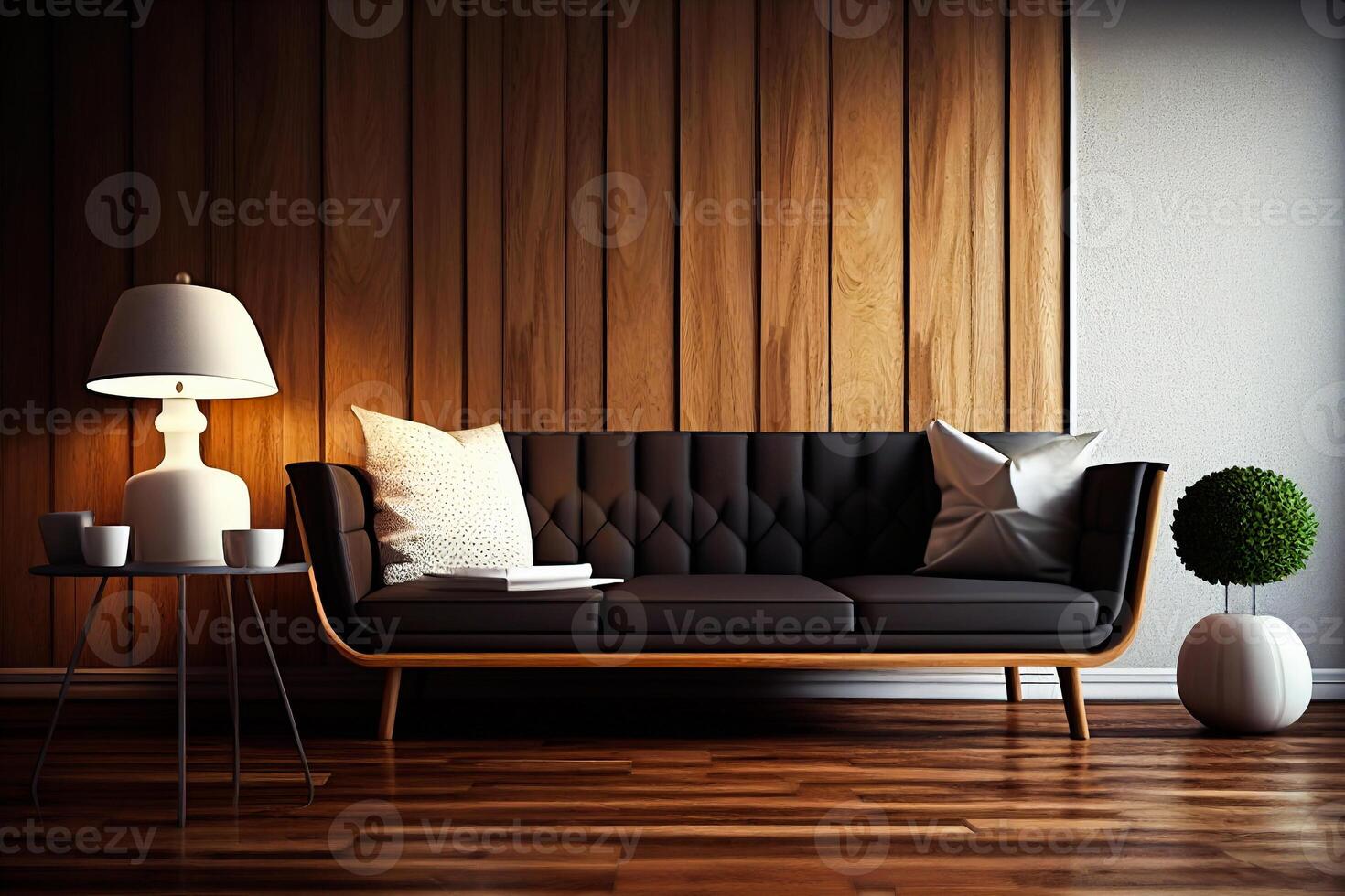 Furniture. Interior. Living room with sofa, table, pictures window AI photo