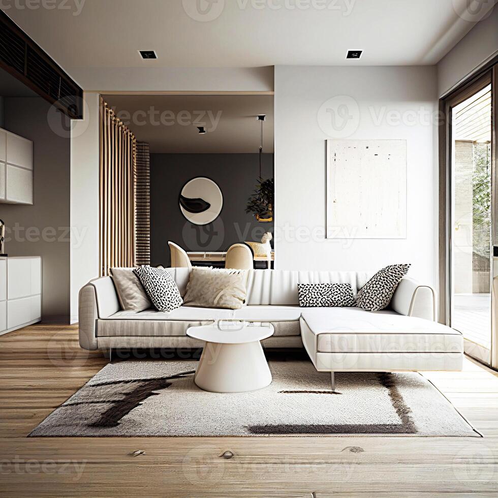 living room interior with big , sofa, pictures and houseplants AI photo