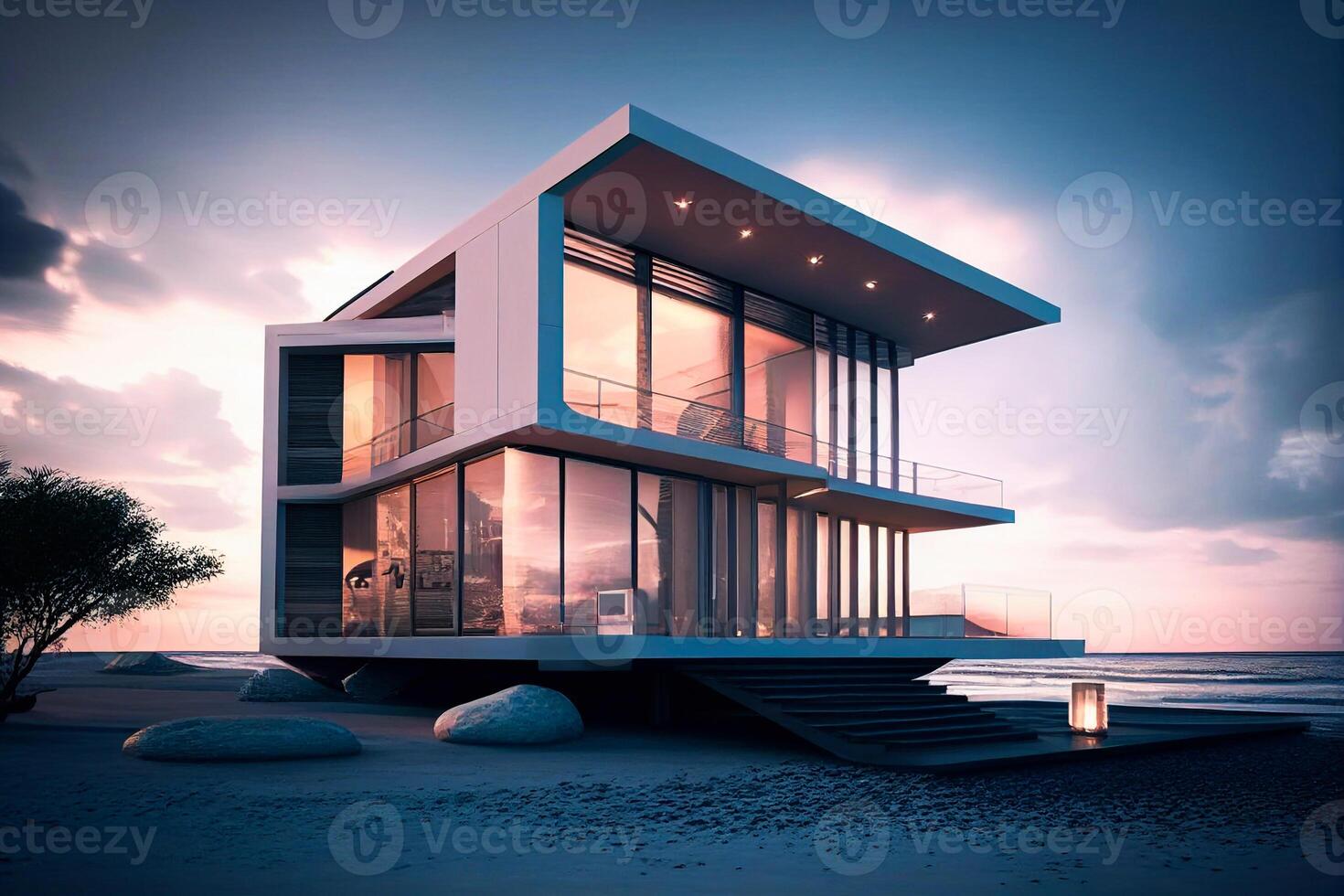 Luxury expensive villa house for rest with terrace. Modern architecture AI photo