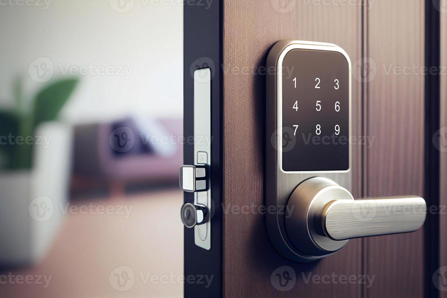Hero shot with smart doorbell and lock button on grey background AI photo