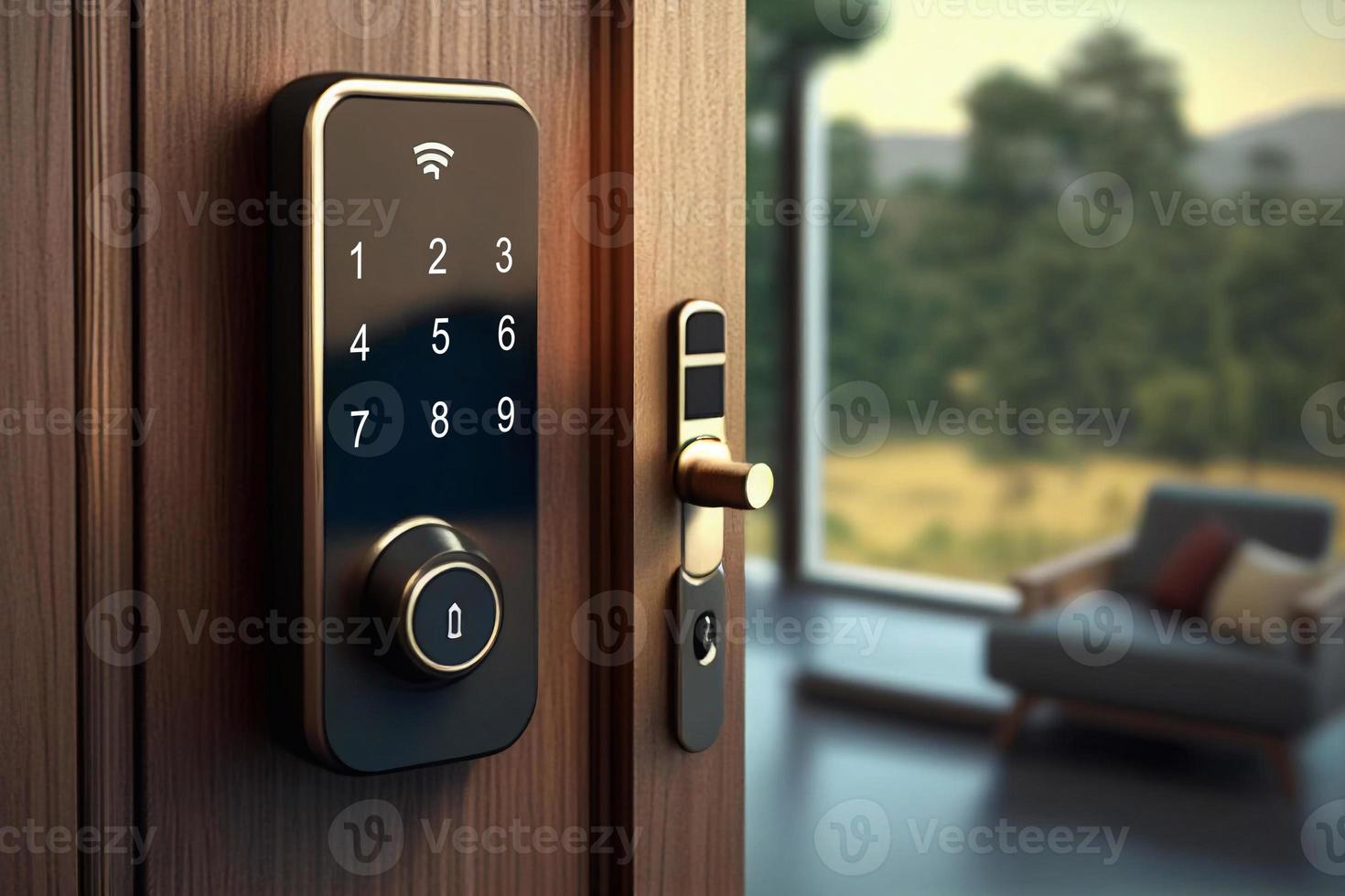 Hero shot with smart doorbell and lock button on grey background AI photo