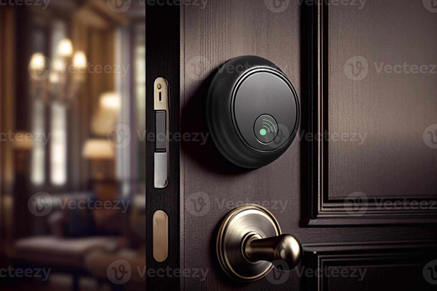 Door knobs handles realistic composition with finger touching digital dial pad of handle illustration AI photo