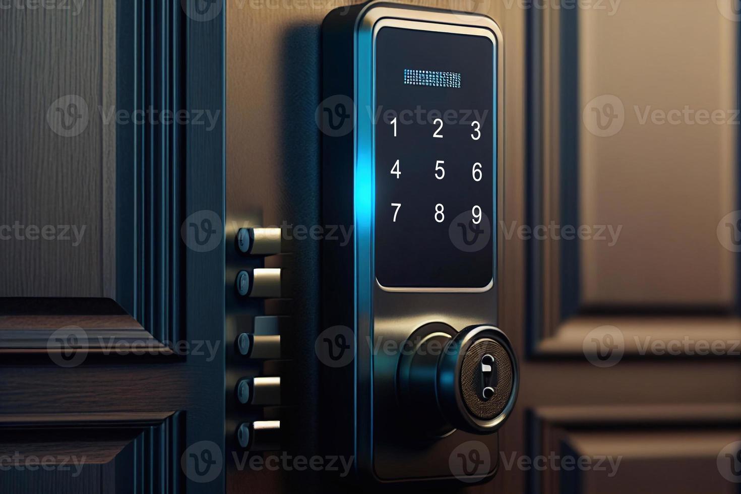 Door knobs handles realistic composition with finger touching digital dial pad of handle illustration AI photo