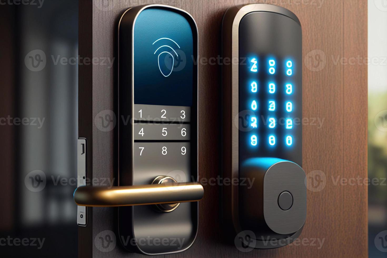 Door knobs handles realistic composition with finger touching digital dial pad of handle illustration AI photo
