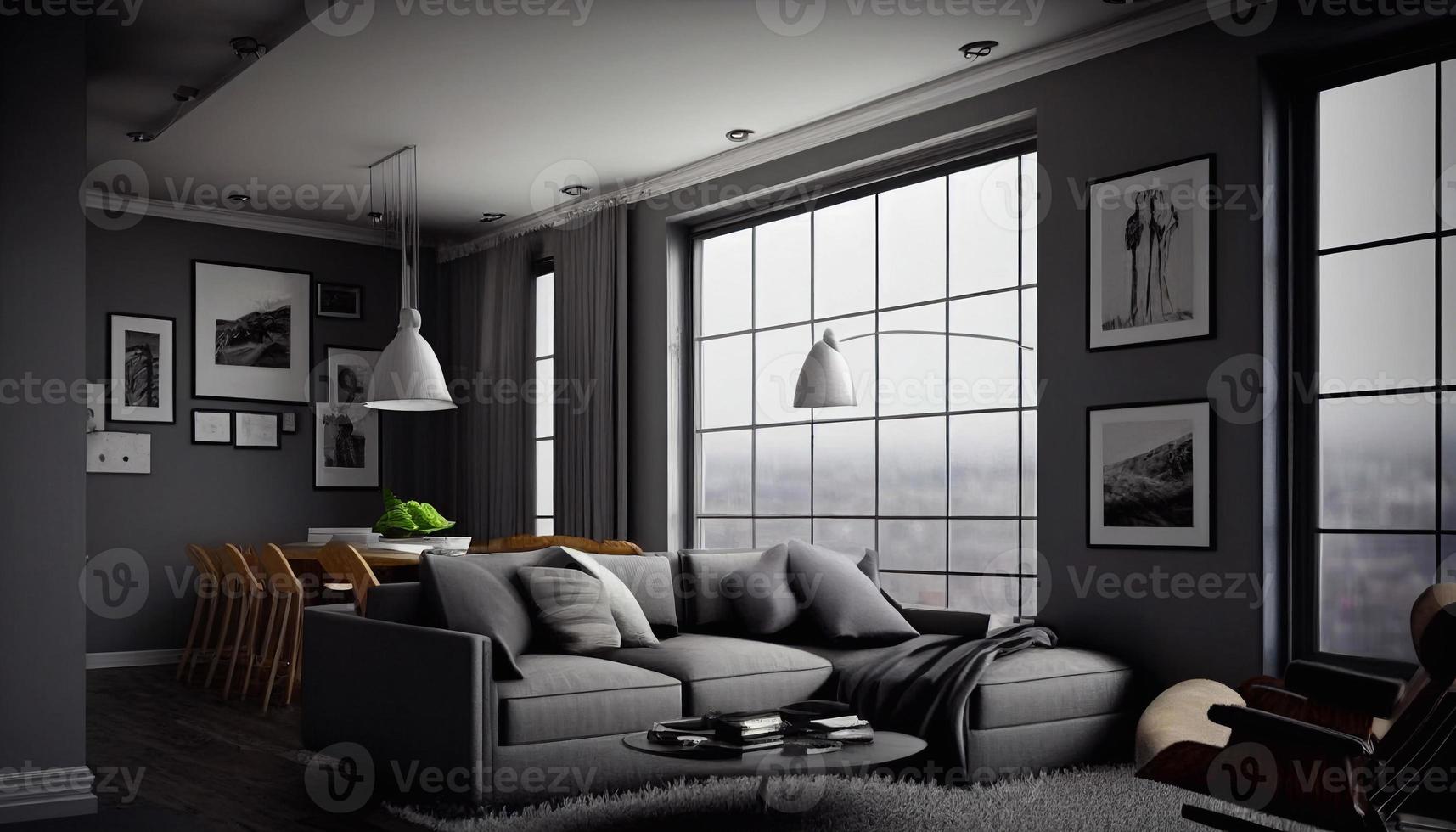 Living room with panoramic window interior, cozy spacious apartment with couch, armchair, coffee table and floor-to celling glass wall with city view, modern luxurious loft. Cartoon illustration AI photo