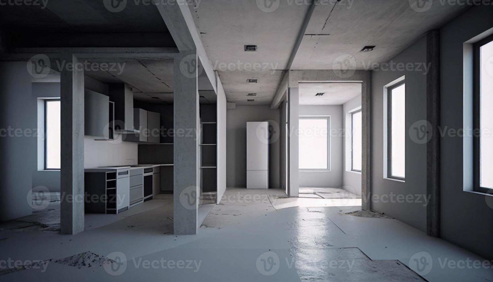 Empty office with large windows on ceiling and floor. AI Room interior in white colors. Internal structure of modern city architecture, inner design project visualization Realistic 3d  illustration. photo