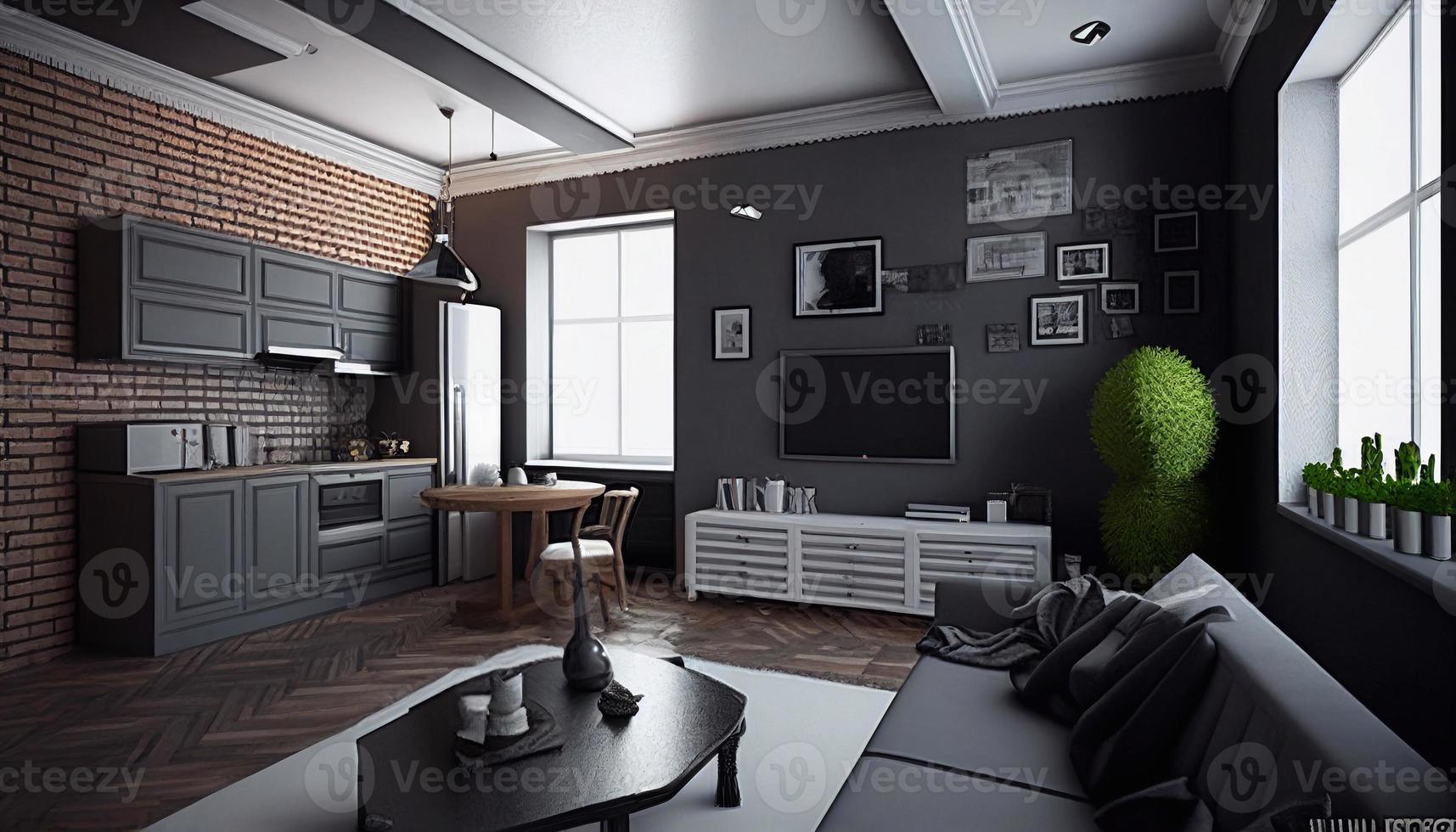Modern living room, loft interior concept, apartment in city with big window an brick wall. illustration of home with sofa, lamp, books on shelves, clock in blue and grey colors AI photo