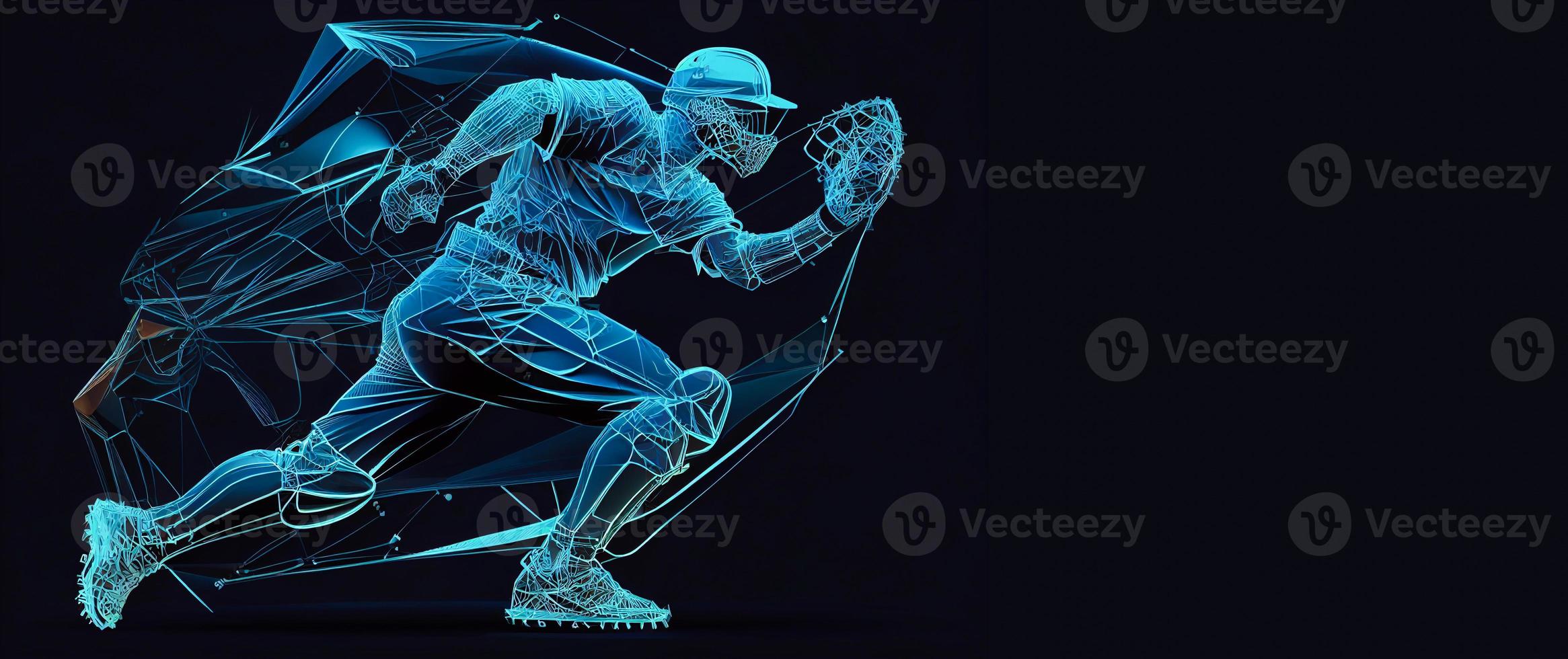 Abstract silhouette of a baseball player on blue background. Baseball player batter hits the ball. illustration AI photo