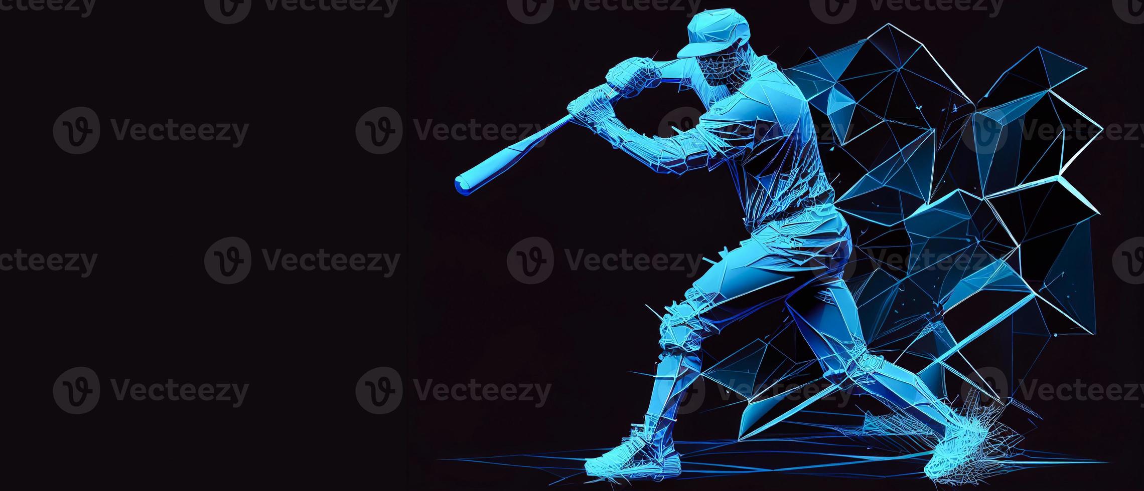 Abstract silhouette of a baseball player on blue background. Baseball player batter hits the ball. illustration AI photo