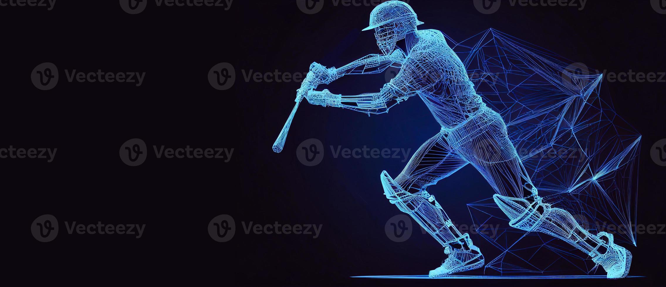 Abstract silhouette of a baseball player on blue background. Baseball player batter hits the ball. illustration AI photo