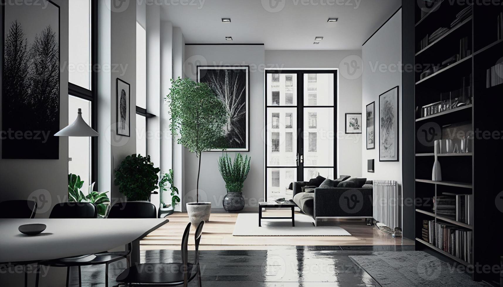 Modern living room, loft interior concept, apartment in city with big window an brick wall. illustration of home with sofa, lamp, books on shelves, clock in blue and grey colors AI photo