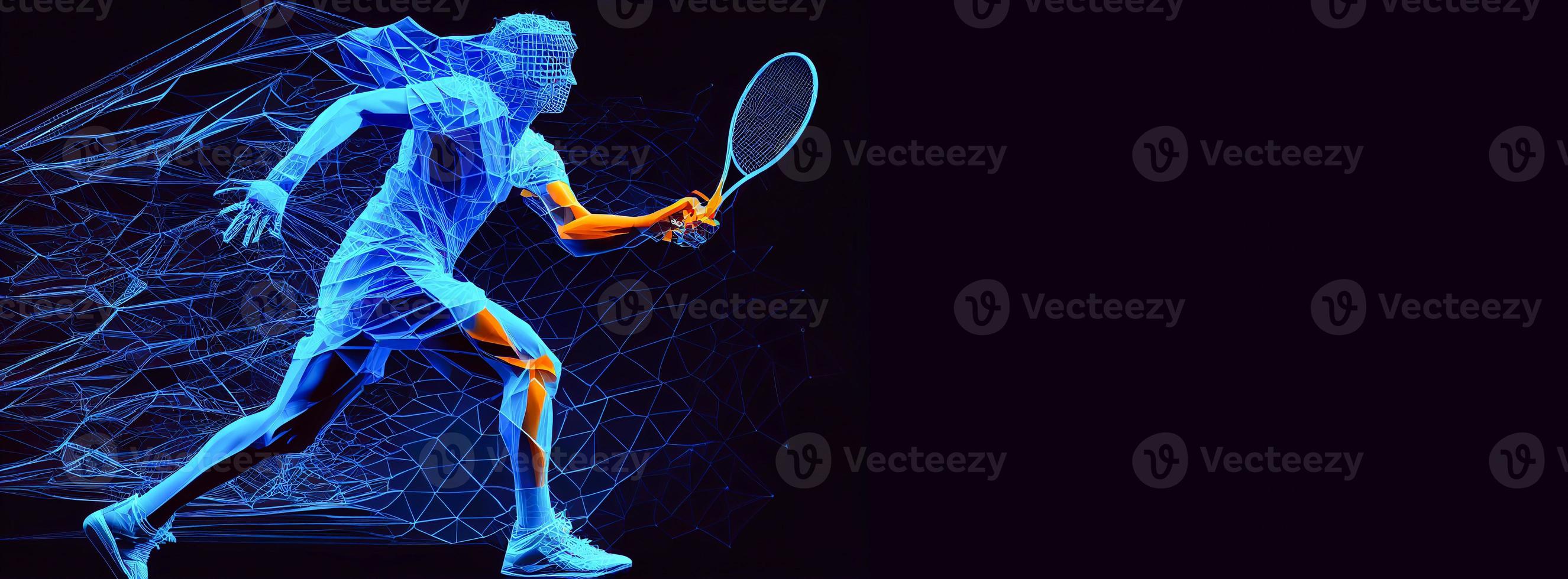 Abstract silhouette of a tennis player on blue background. Tennis player man with racket hits the ball. illustration AI photo