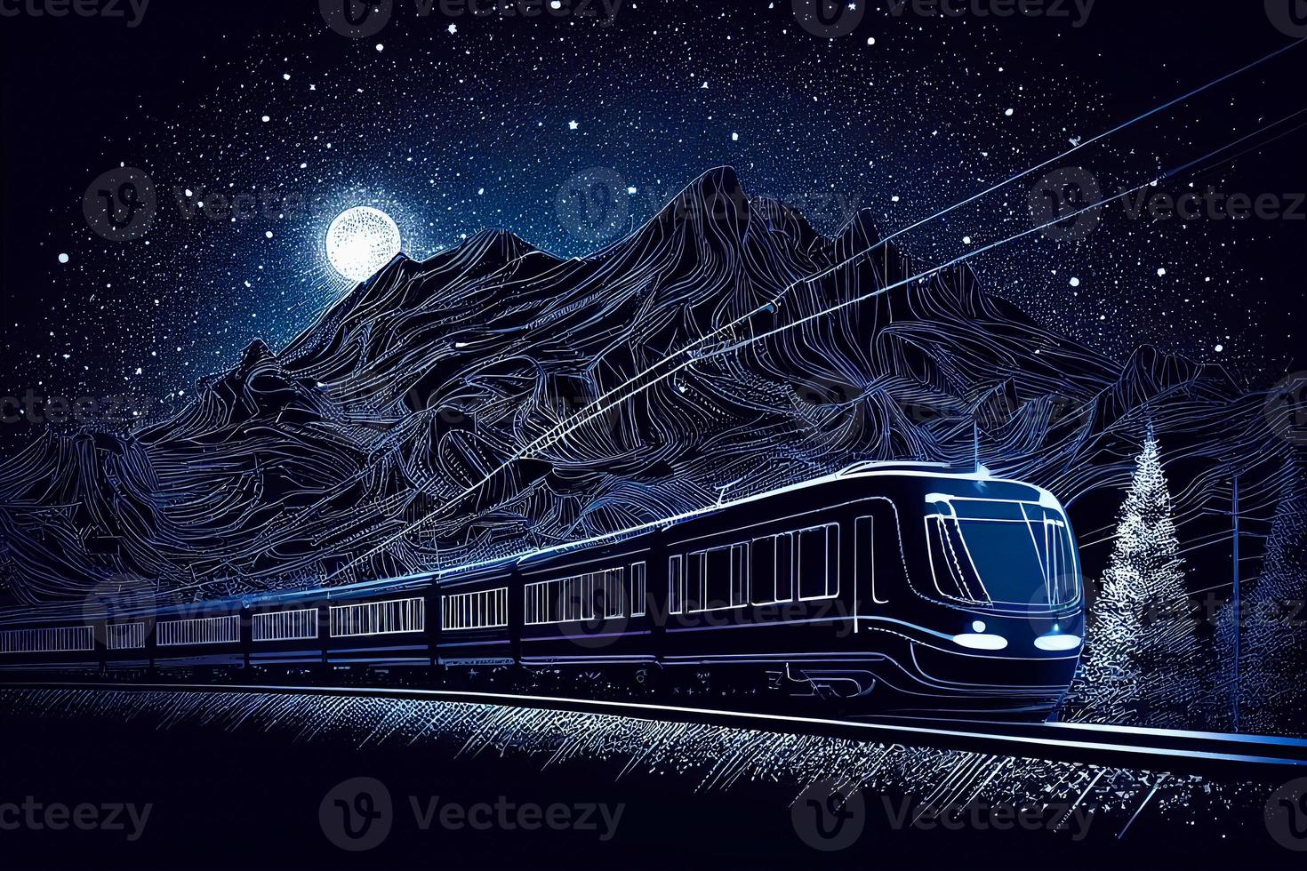 Monorail in mountains. City highway. Transportation illustration. Tower and skyscrapers, modern town, business buildings. Night scene. White lines on blue background. design art AI photo