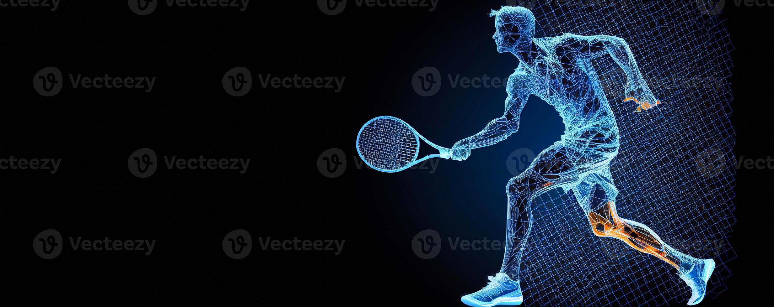 Abstract silhouette of a tennis player on blue background. Tennis player man with racket hits the ball. illustration AI photo