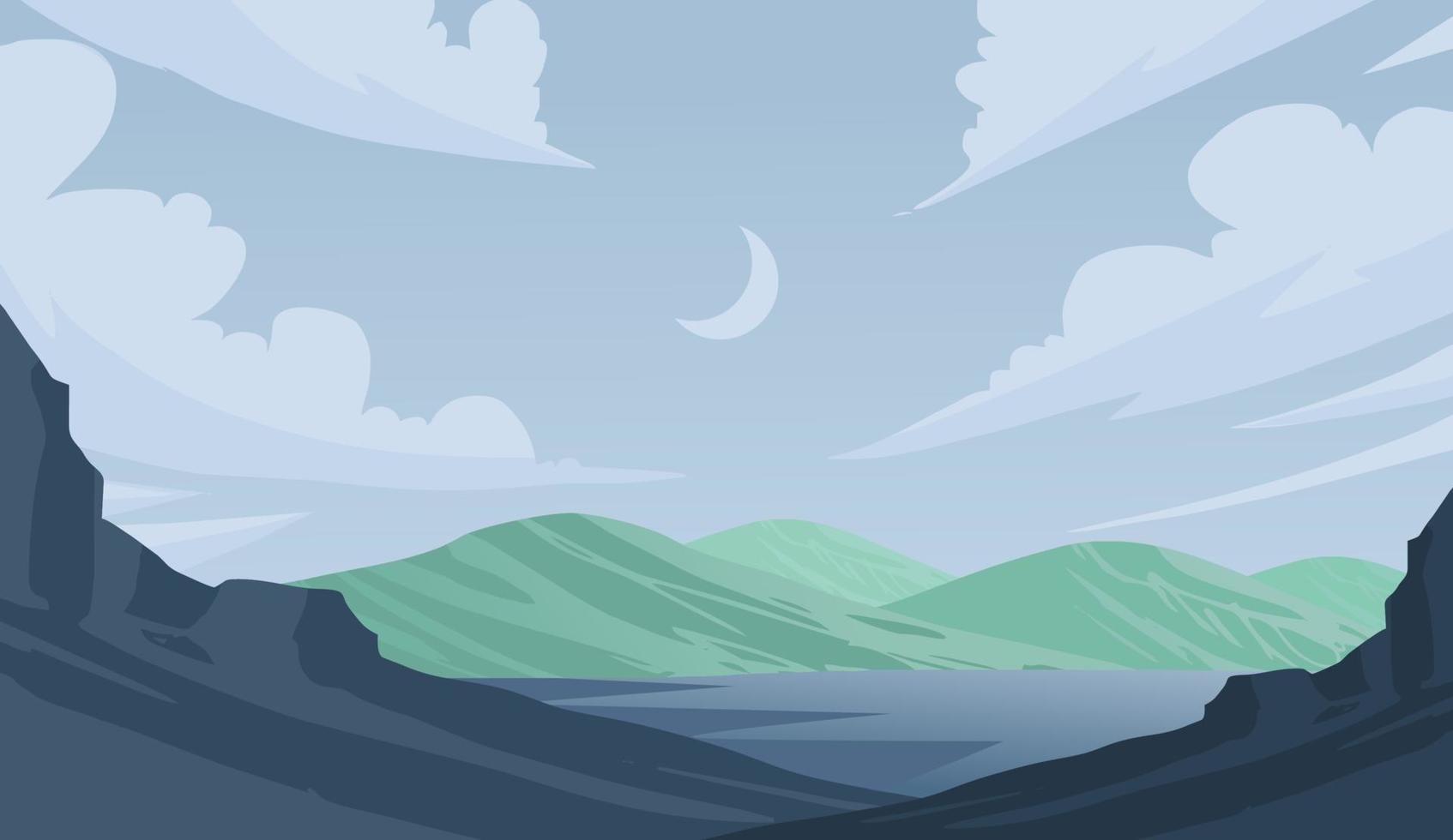 un paisaje con montañas y un lago con un azul cielo y el Luna encima él. vector