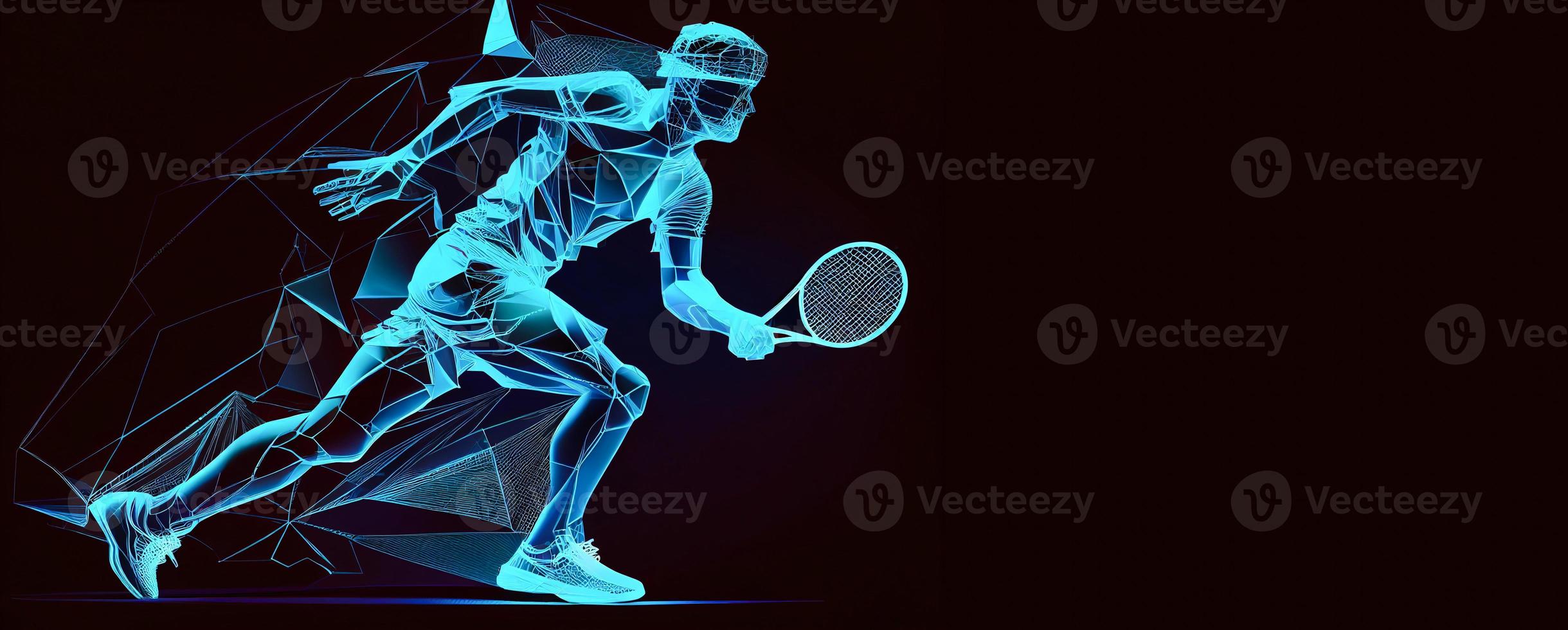 Abstract silhouette of a tennis player on black background. Tennis player man with racket hits the ball. illustration AI photo