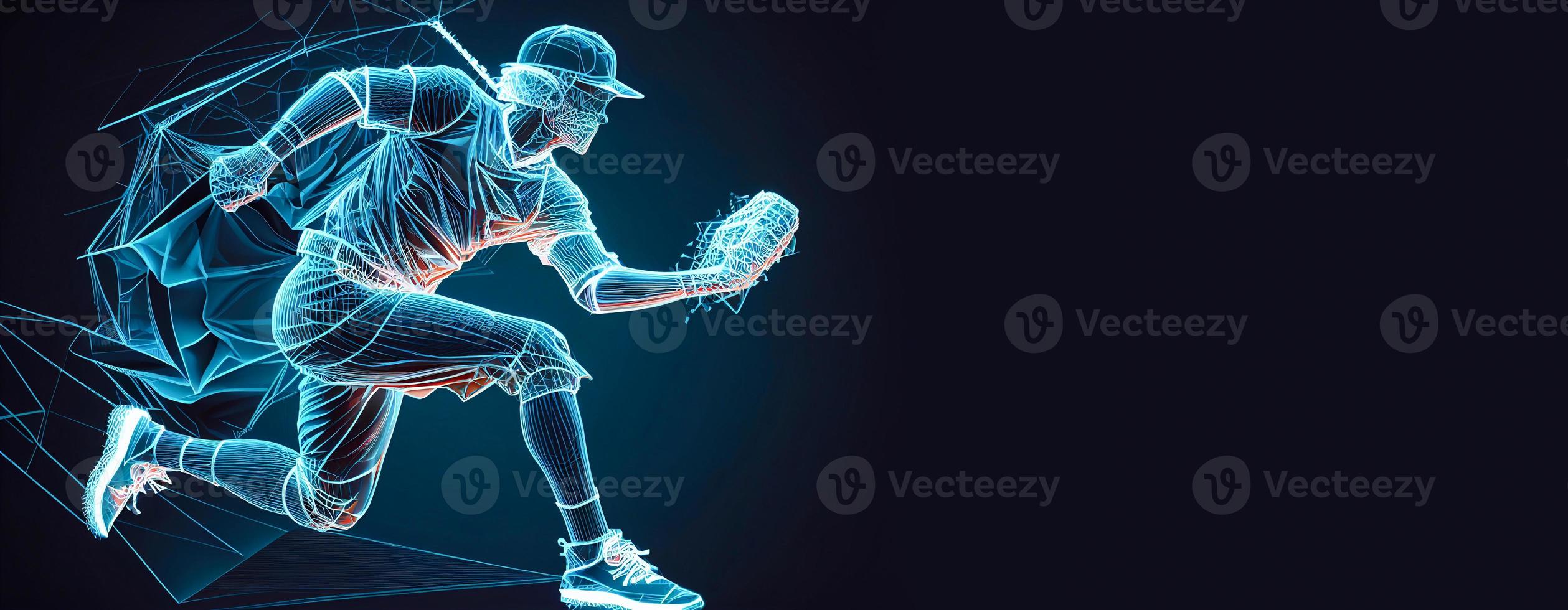 Abstract silhouette of a baseball player on blue background. Baseball player batter hits the ball. illustration AI photo